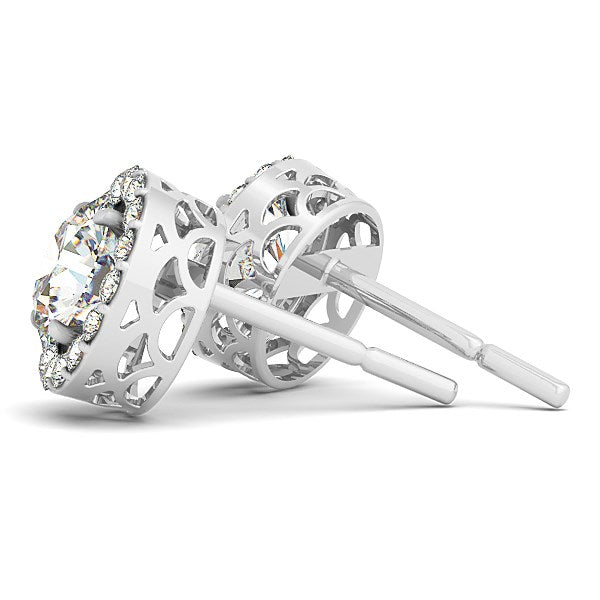 Pendientes de halo redondo de diamantes de cuatro puntas de oro blanco de 14k (1 1/6 cttw)