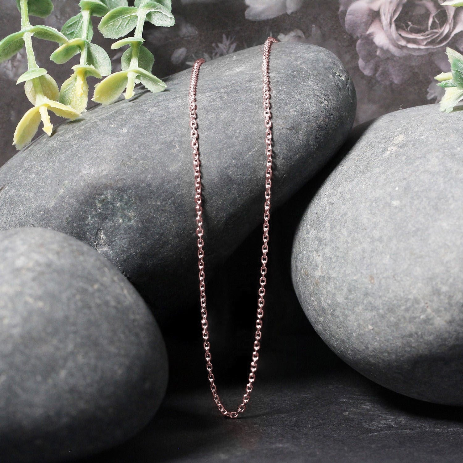 Cadena de eslabones tipo cable con corte de diamante de oro rosa de 14k y 1.3mm