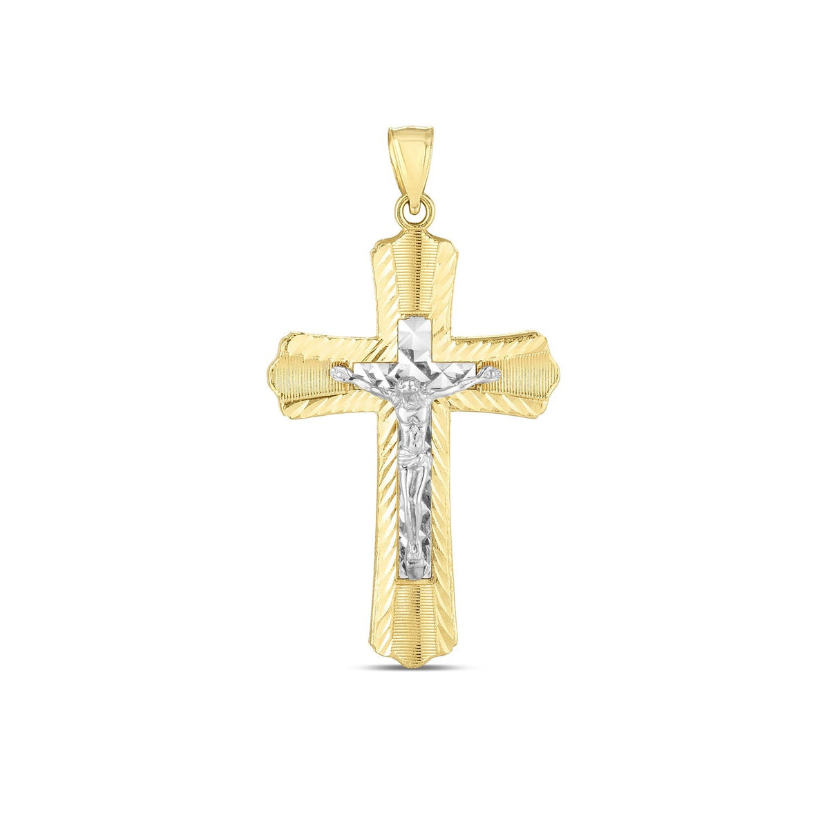 Colgante de cruz de oro de dos tonos de 14k con acabado pulido brillante y corte de diamante