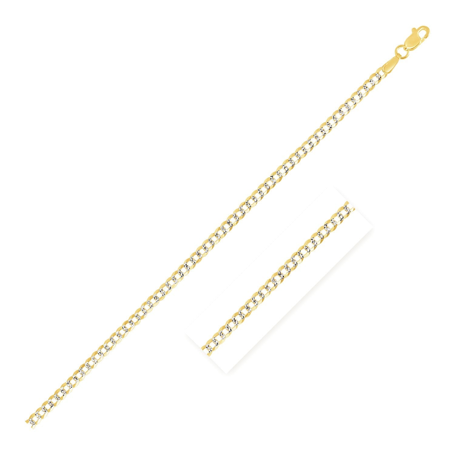 Cadena de eslabones cubanos de oro bicolor de 14k y 2.6 mm con pavé
