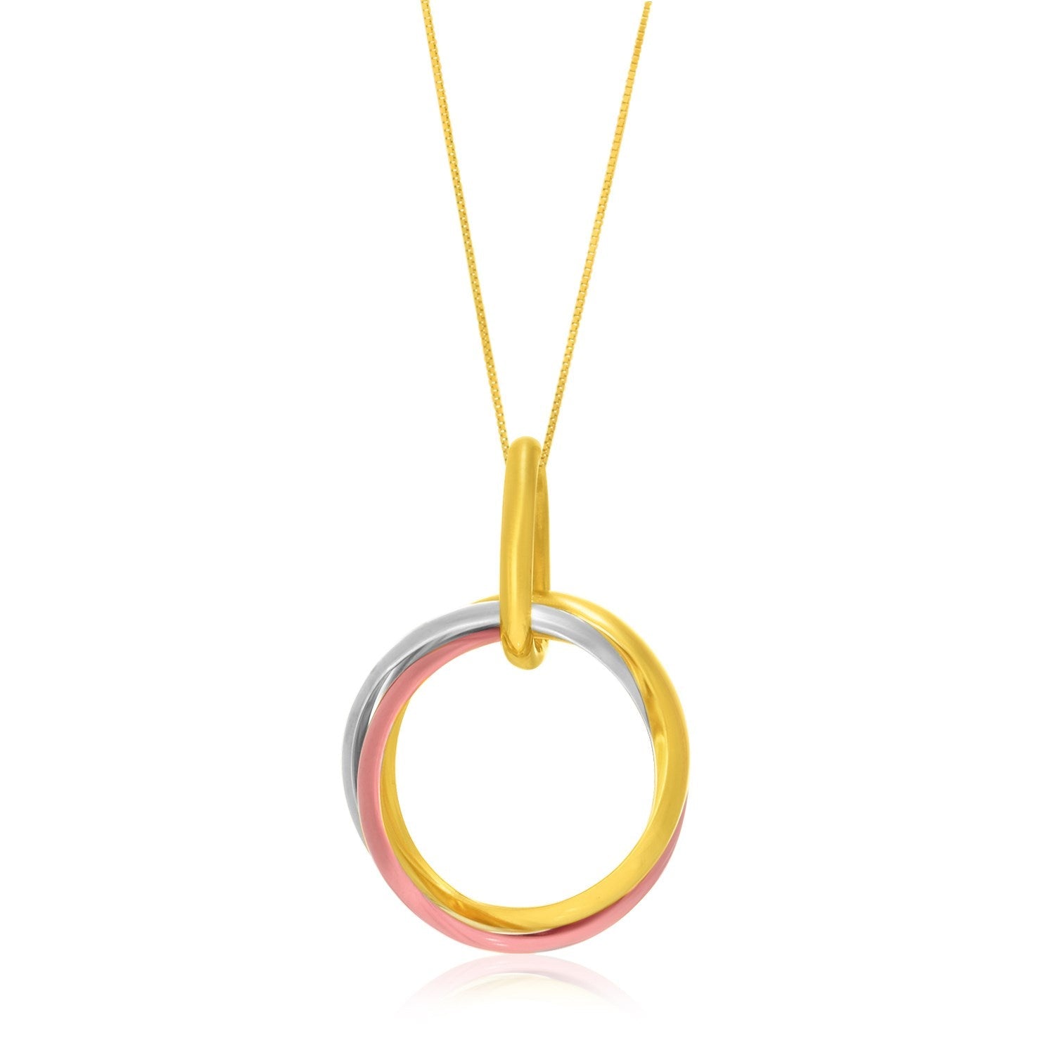 Colgante de oro tricolor de 14 quilates con anillos entrelazados abiertos