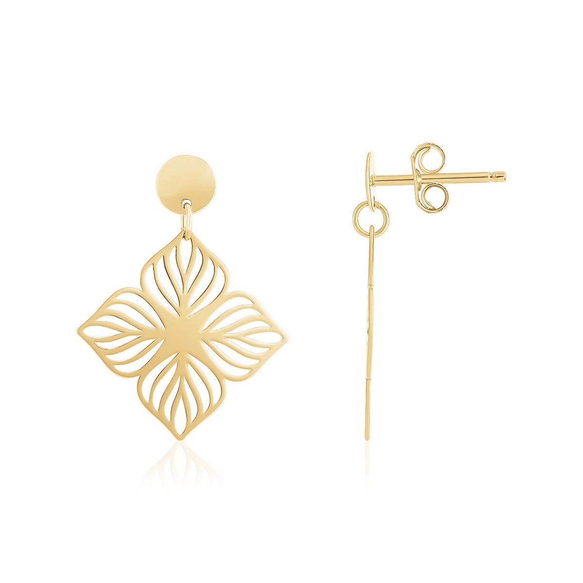 Pendientes de flor calada de oro amarillo de 14K con alto pulido