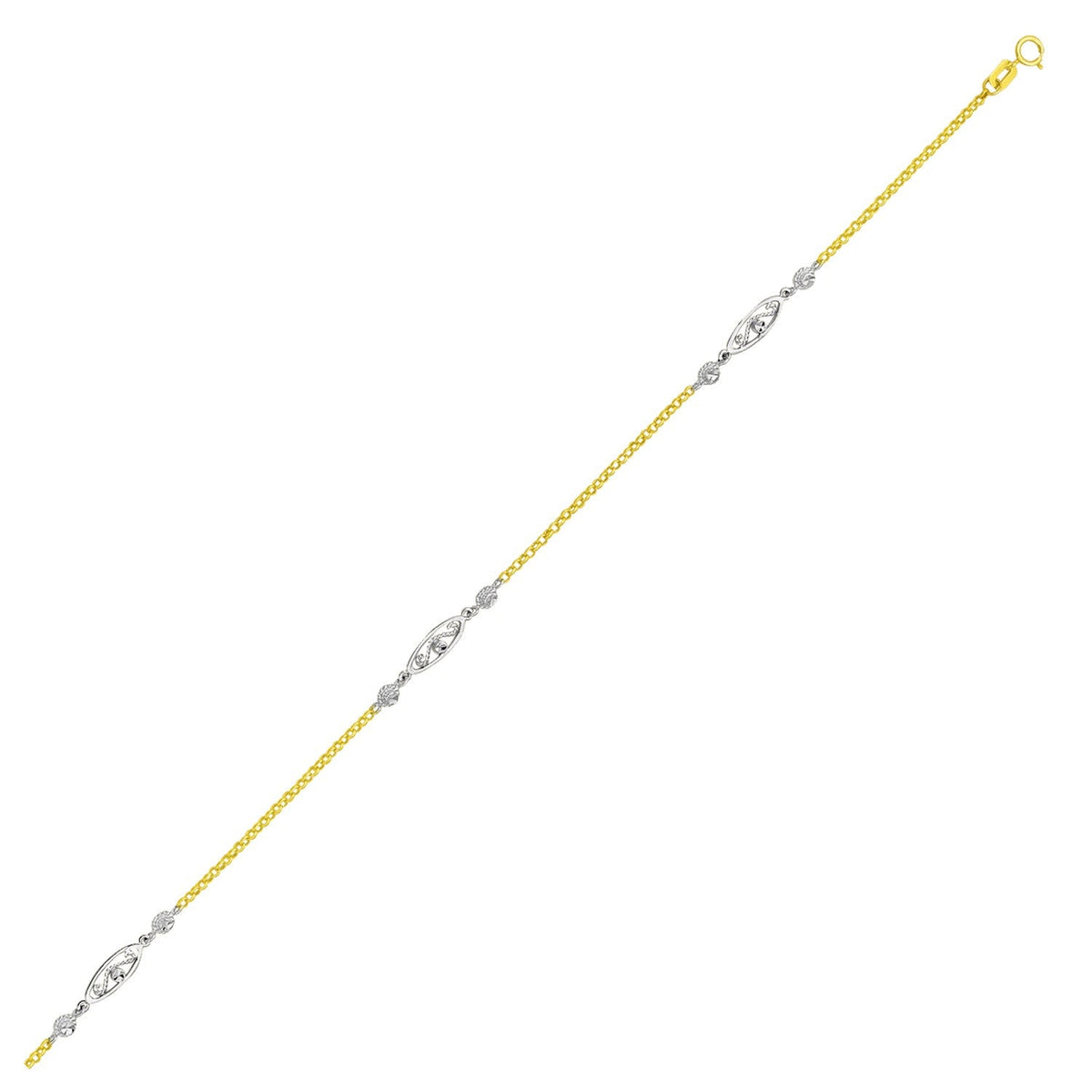 Tobillera de cadena de oro bicolor de 14k con estaciones ovaladas de diseño de cuerda