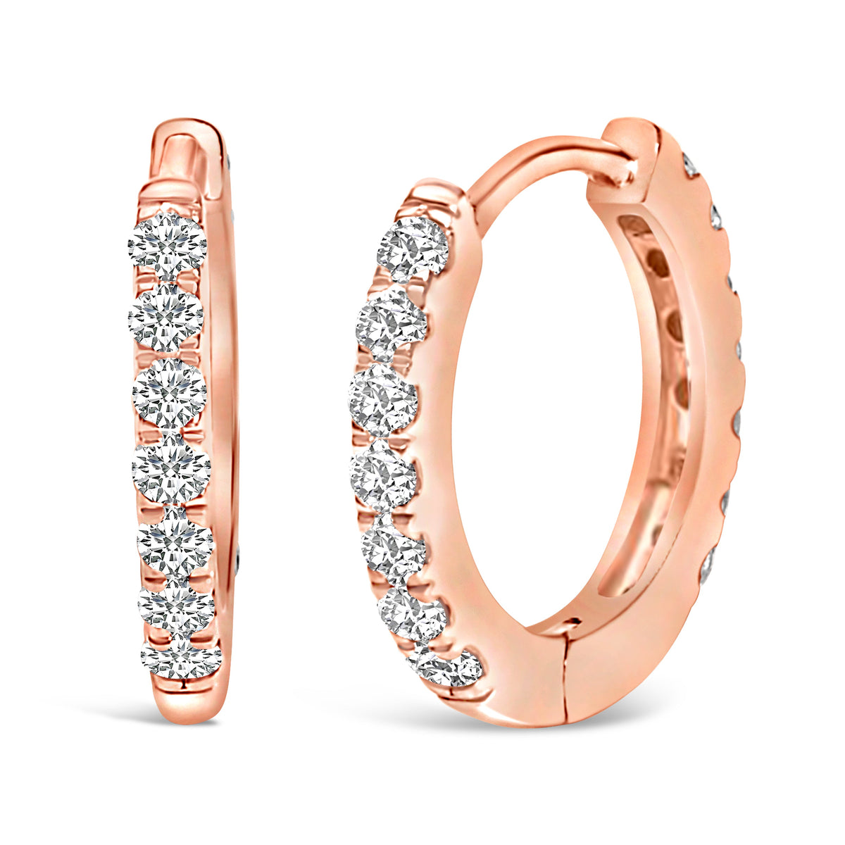 Pendientes de aro tipo Huggie de oro rosa de 10K con diamantes de 1/4 Cttw de doble cara