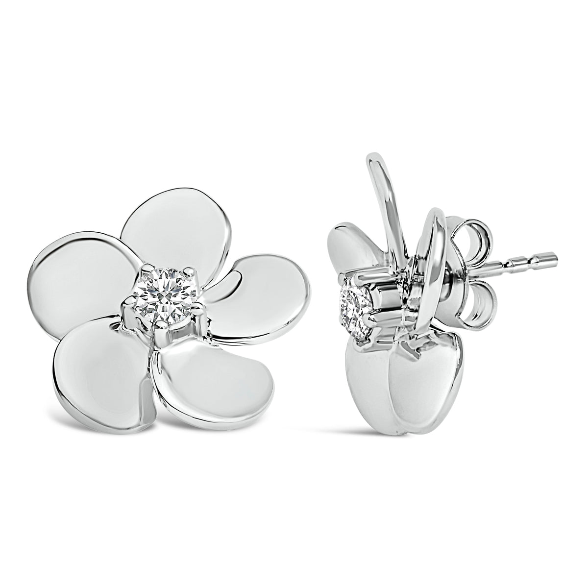Aretes de botón con forma de pétalo de flor con diamante cultivado en laboratorio de 1/3 Cttw en oro blanco de 10K