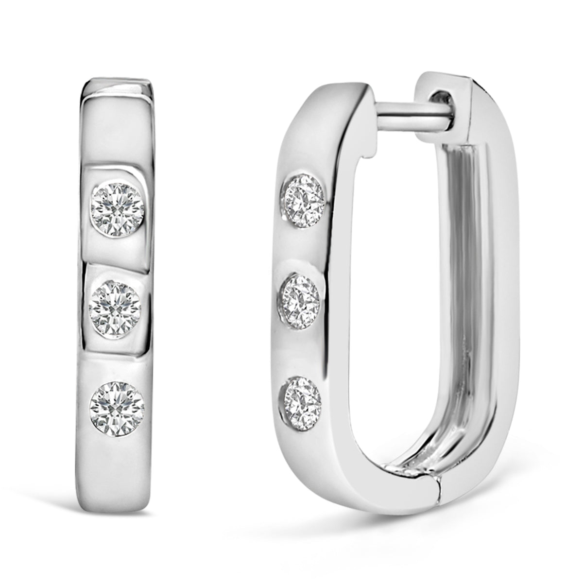 Pendientes de aro tipo Huggies Ovalados de Oro Blanco de 10K con Tres Piedras de Diamante Creado en Laboratorio de 1/10 Cttw