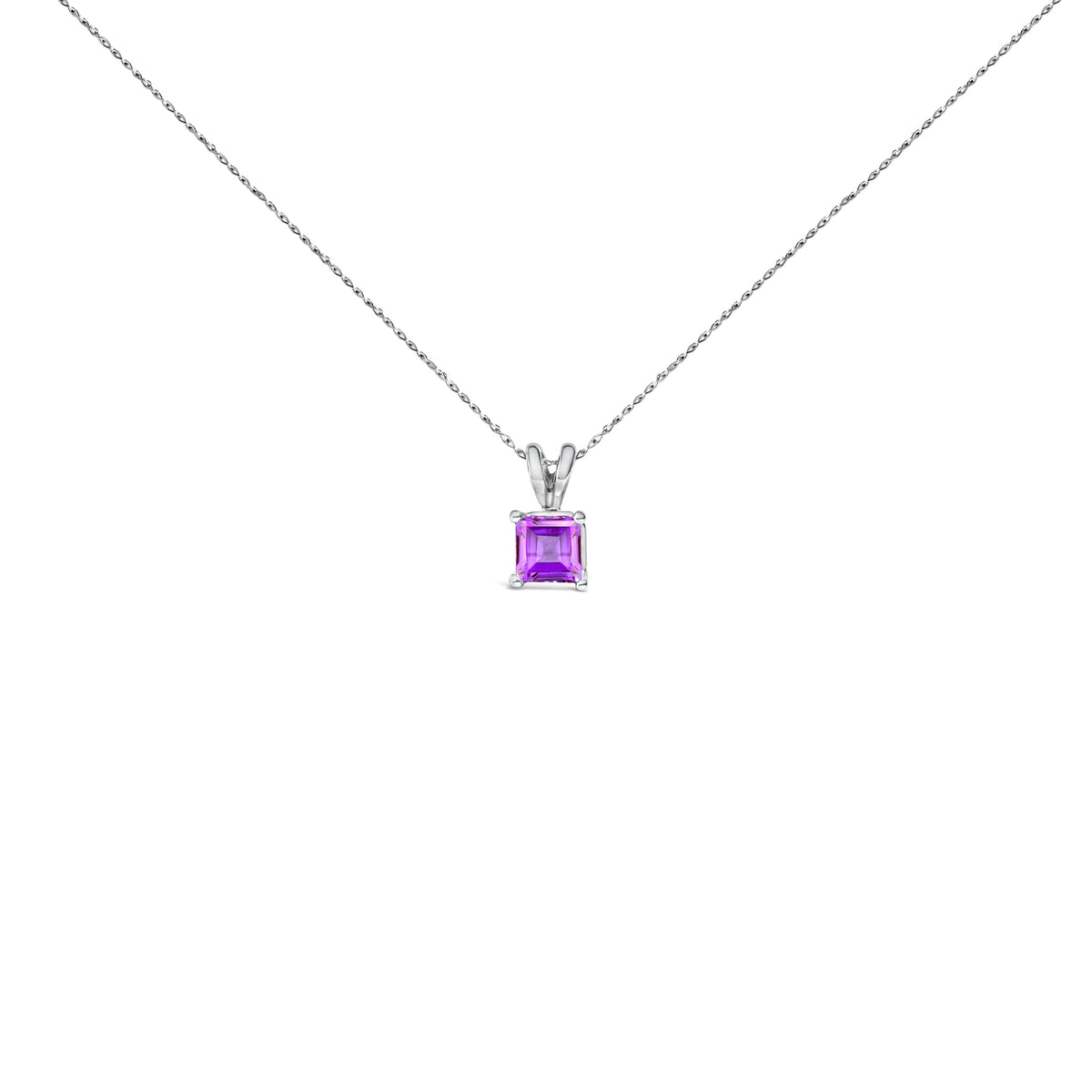 Collar con colgante solitario de amatista morada de oro blanco de 14 quilates con forma cuadrada de 5x5 mm