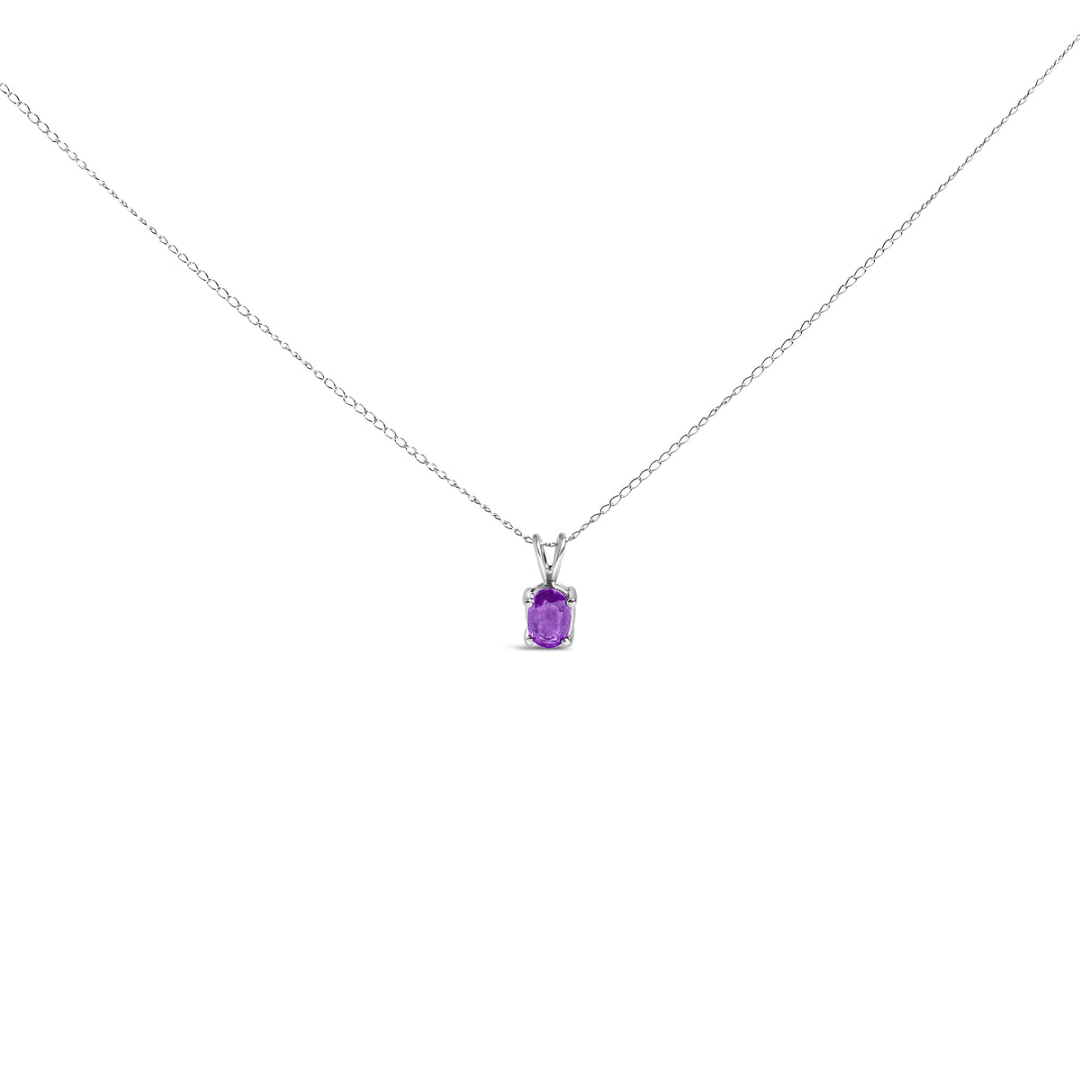Collar con colgante solitario de amatista morada talla ovalada de 6x4 mm en oro blanco de 14 quilates