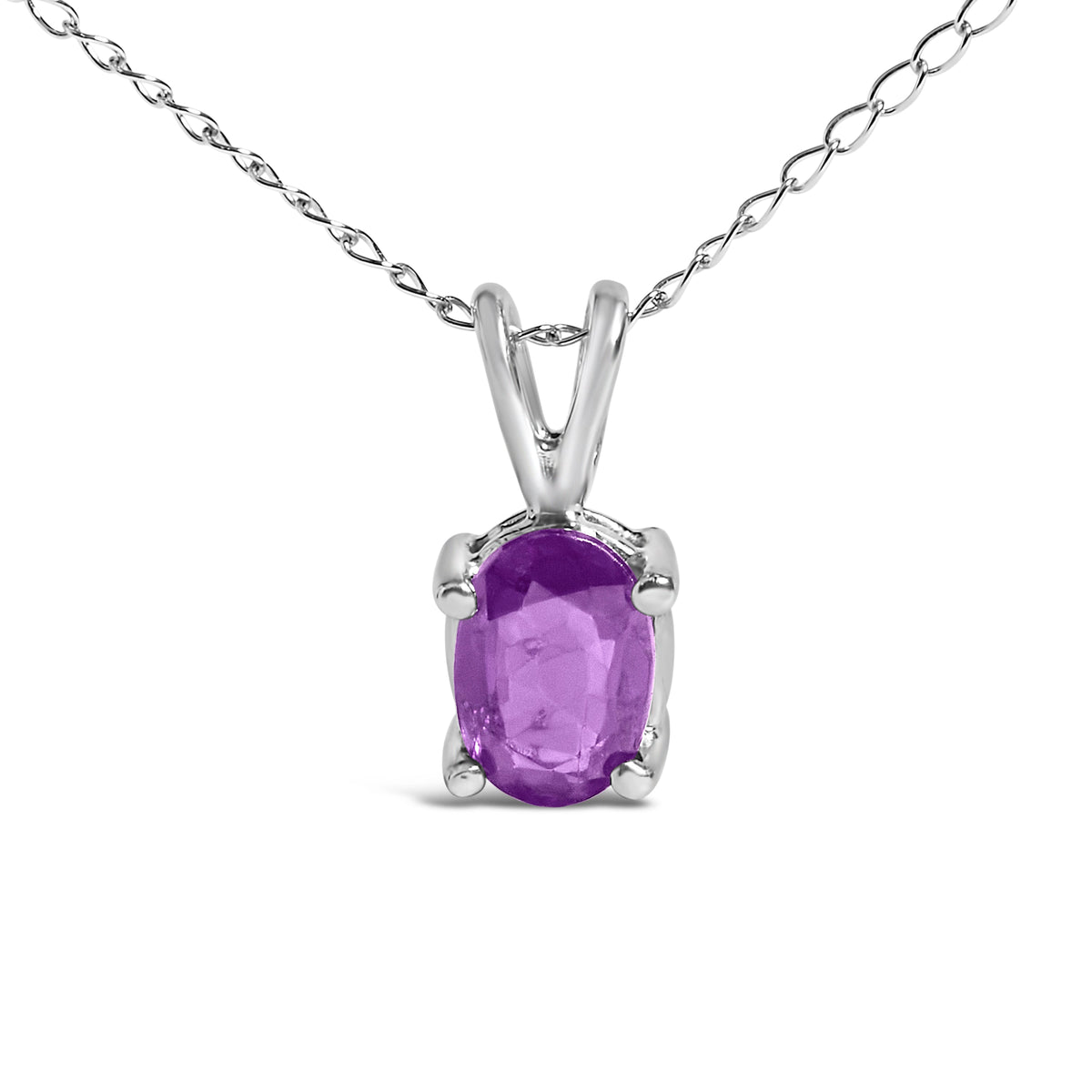 Collar con colgante solitario de amatista morada talla ovalada de 6x4 mm en oro blanco de 14 quilates