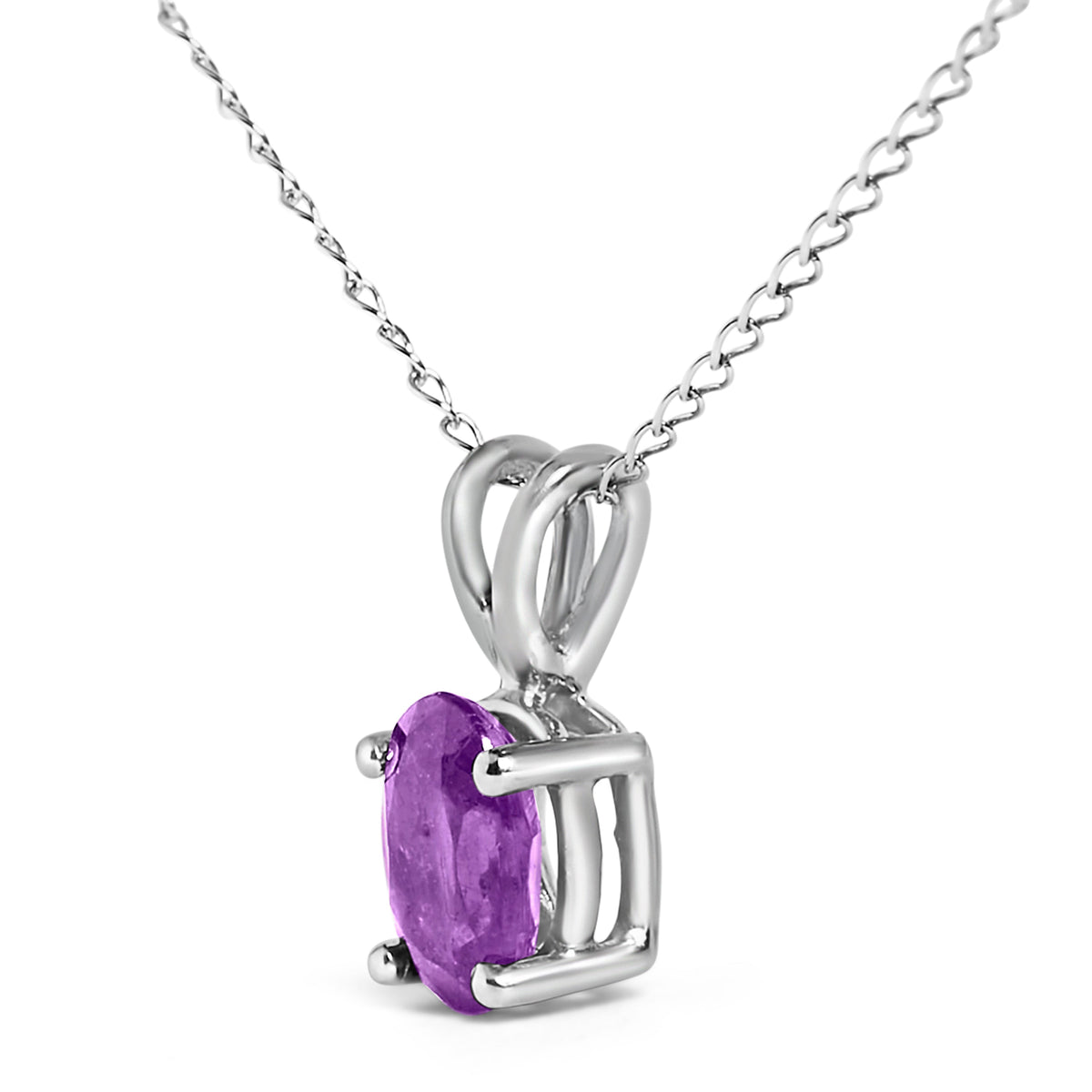 Collar con colgante solitario de amatista morada talla ovalada de 6x4 mm en oro blanco de 14 quilates