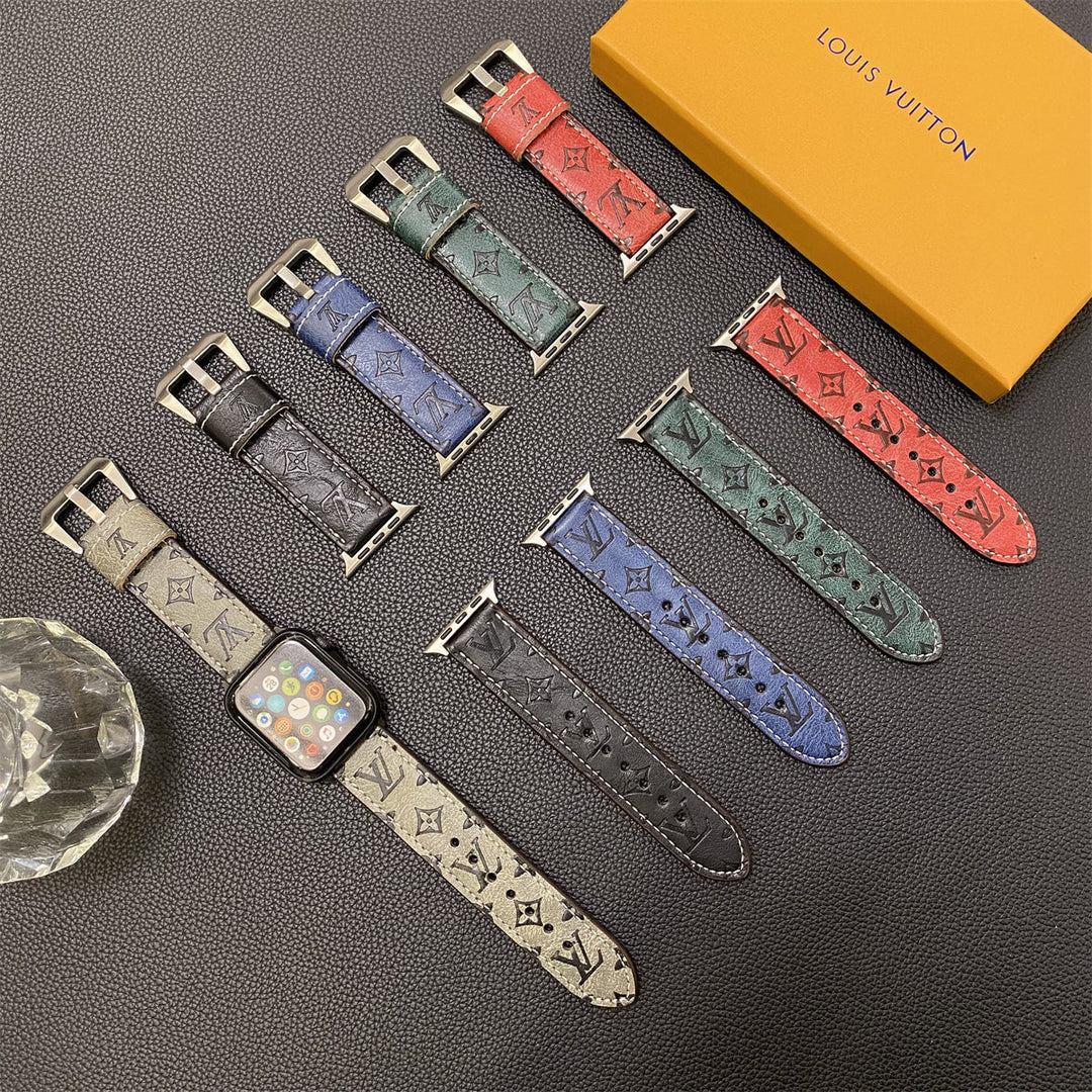 Correas de cuero con monograma para Apple Watch en azul - YH24422