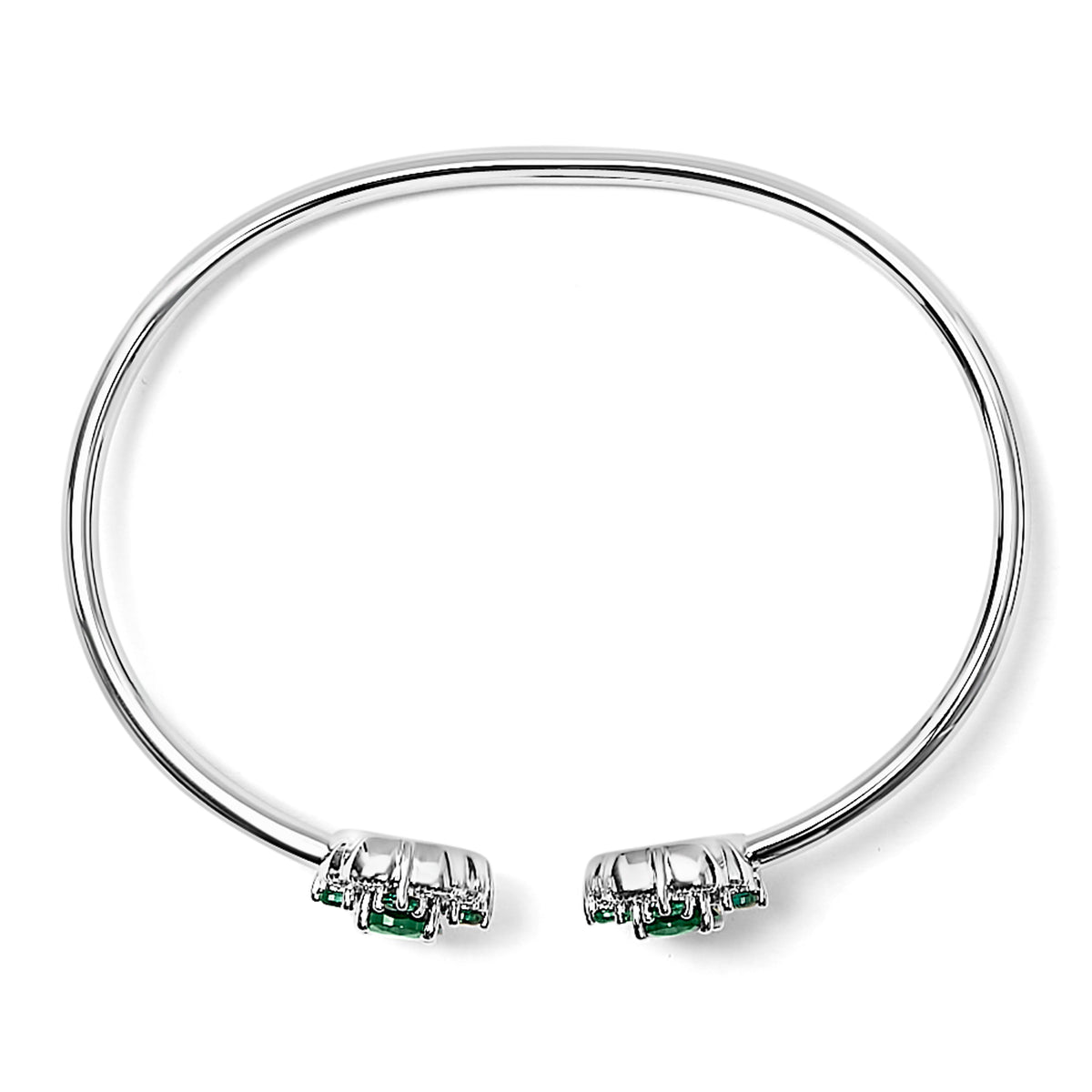 Sterling Silver White Topaz and Green Emerald Floral Bangle Bracelet 6.5 Inch