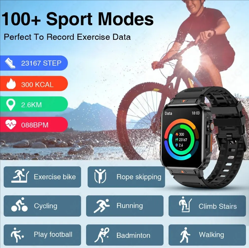 Ultra-Slim Rugged Military Grade Smart-Watch - Outdoor Waterproof Fitness Watch - Large 1.95" Screen and Thin Body