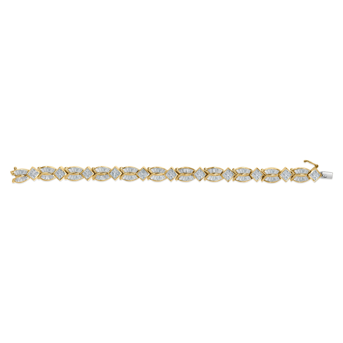 Pulsera de eslabones retorcidos geométricos de oro amarillo de 14 quilates con diamantes talla baguette y princesa de 8 1/5 Cttw (color G-H, claridad VS1-VS2) - Talla 7"