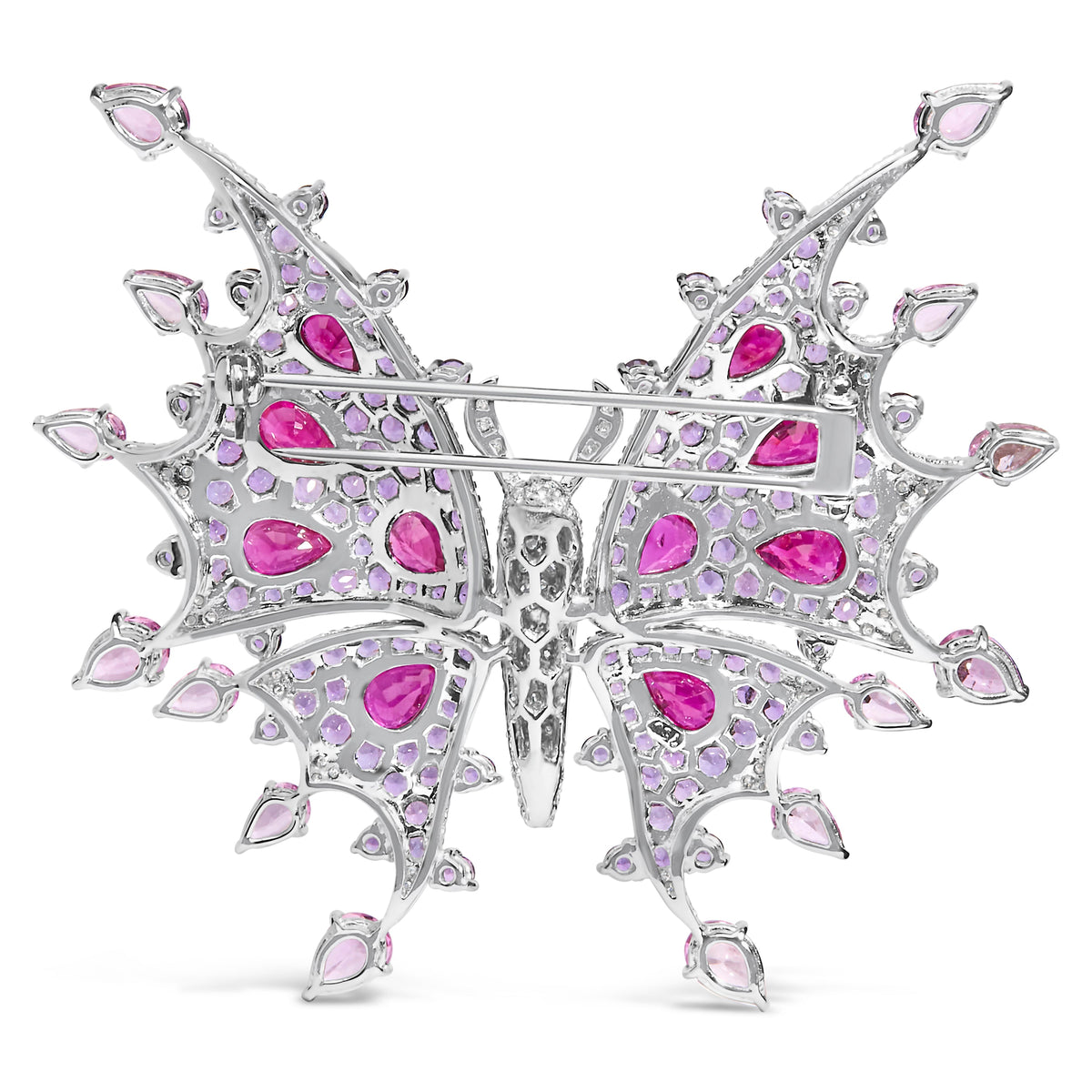 Broche de mariposa de oro blanco de 18K con diamantes, rubíes, zafiros y amatistas, con un total de 1,00 quilates (color G-H, claridad VS1-VS2)