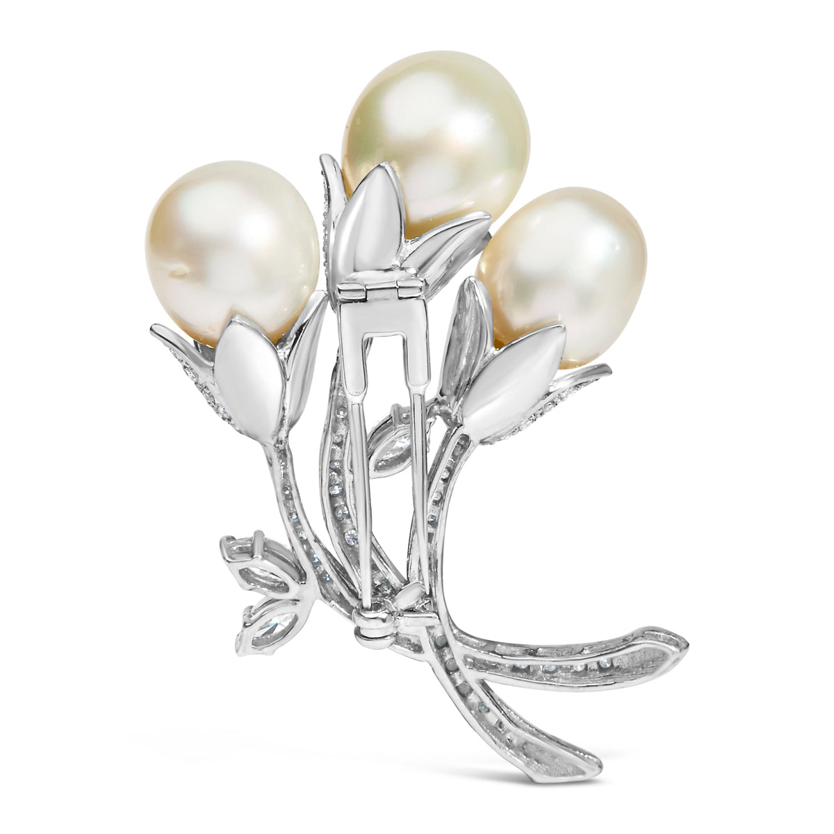 Broche con diseño floral de diamantes y perlas de los Mares del Sur, oro blanco de 18K y 2 1/5 Cttw (color G-H, claridad VS1-VS2)