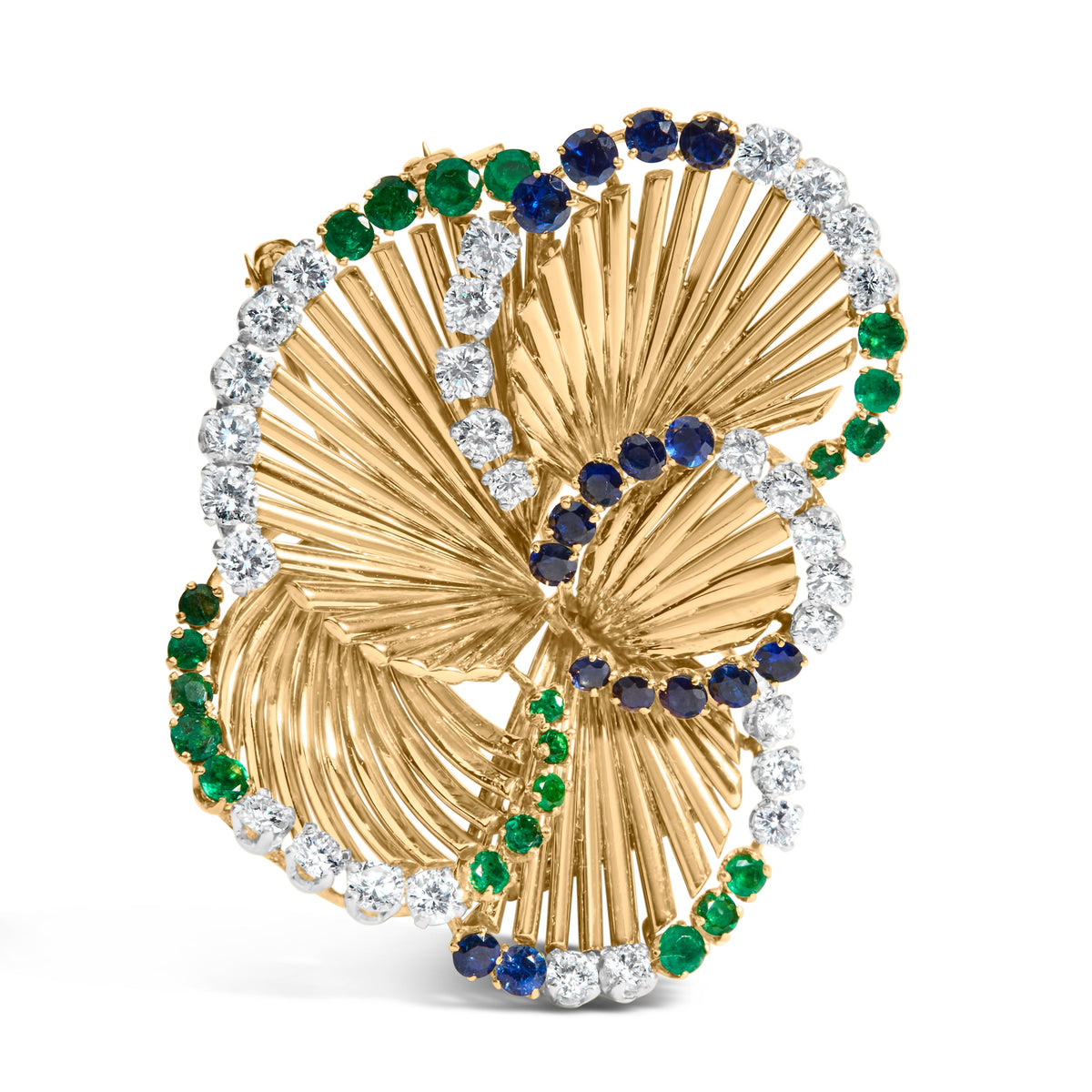 Broche de oro amarillo de 18K con diseño de pétalos esculpidos, diamantes (2 1/3 Cttw), zafiros y esmeraldas (color G-H, claridad VS1-VS2)