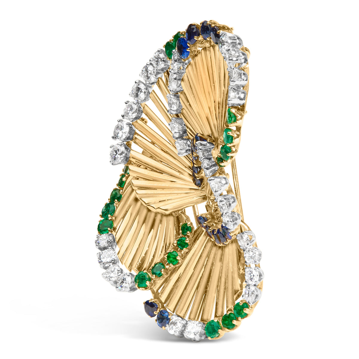 Broche de oro amarillo de 18K con diseño de pétalos esculpidos, diamantes (2 1/3 Cttw), zafiros y esmeraldas (color G-H, claridad VS1-VS2)