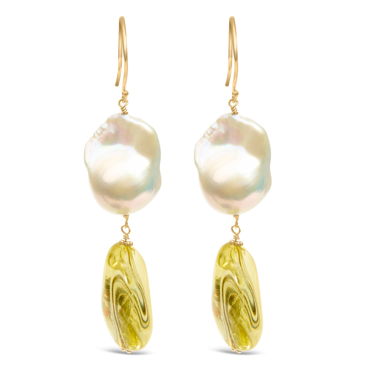 Pendientes colgantes de oro amarillo de 14 quilates con citrino y perla barroca de 4,45 cm de largo