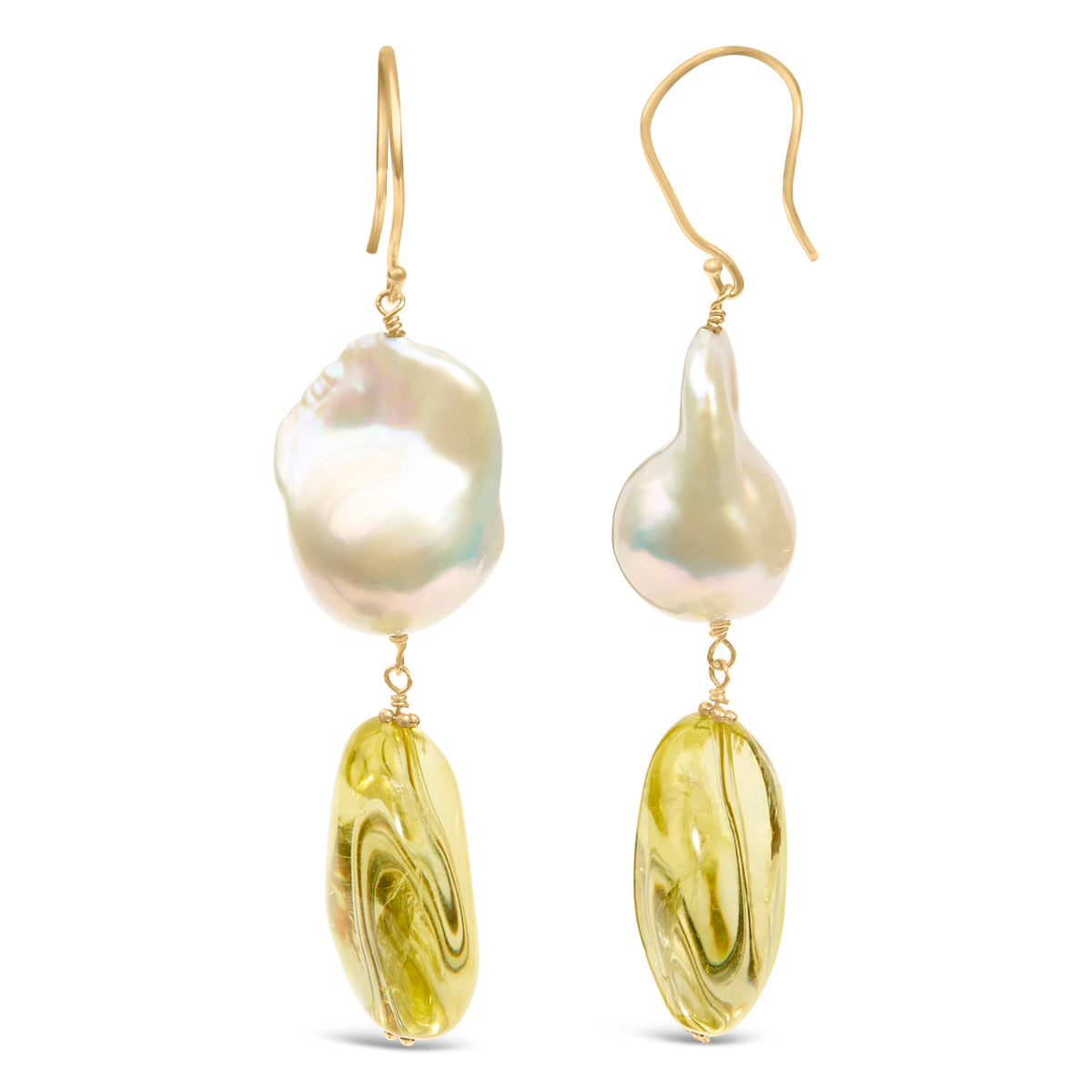 Pendientes colgantes de oro amarillo de 14 quilates con citrino y perla barroca de 4,45 cm de largo