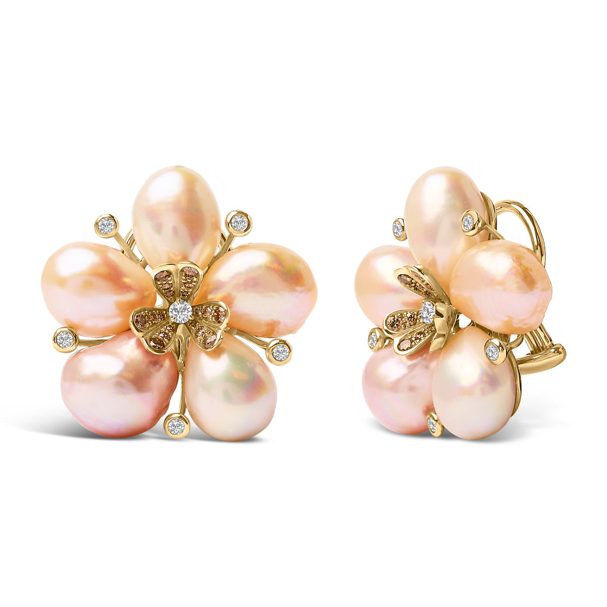 Pendientes de oro rosa de 18 quilates con diamantes de 3/8 de quilate y perlas de agua dulce con forma de flor