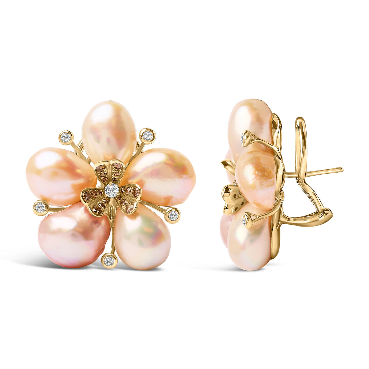 Pendientes de oro rosa de 18 quilates con diamantes de 3/8 de quilate y perlas de agua dulce con forma de flor