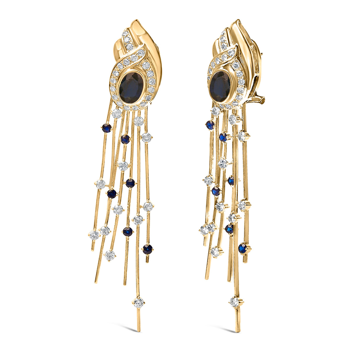 Pendientes colgantes de oro amarillo de 14 quilates con diamantes de 1,0 Cttw y zafiros azules
