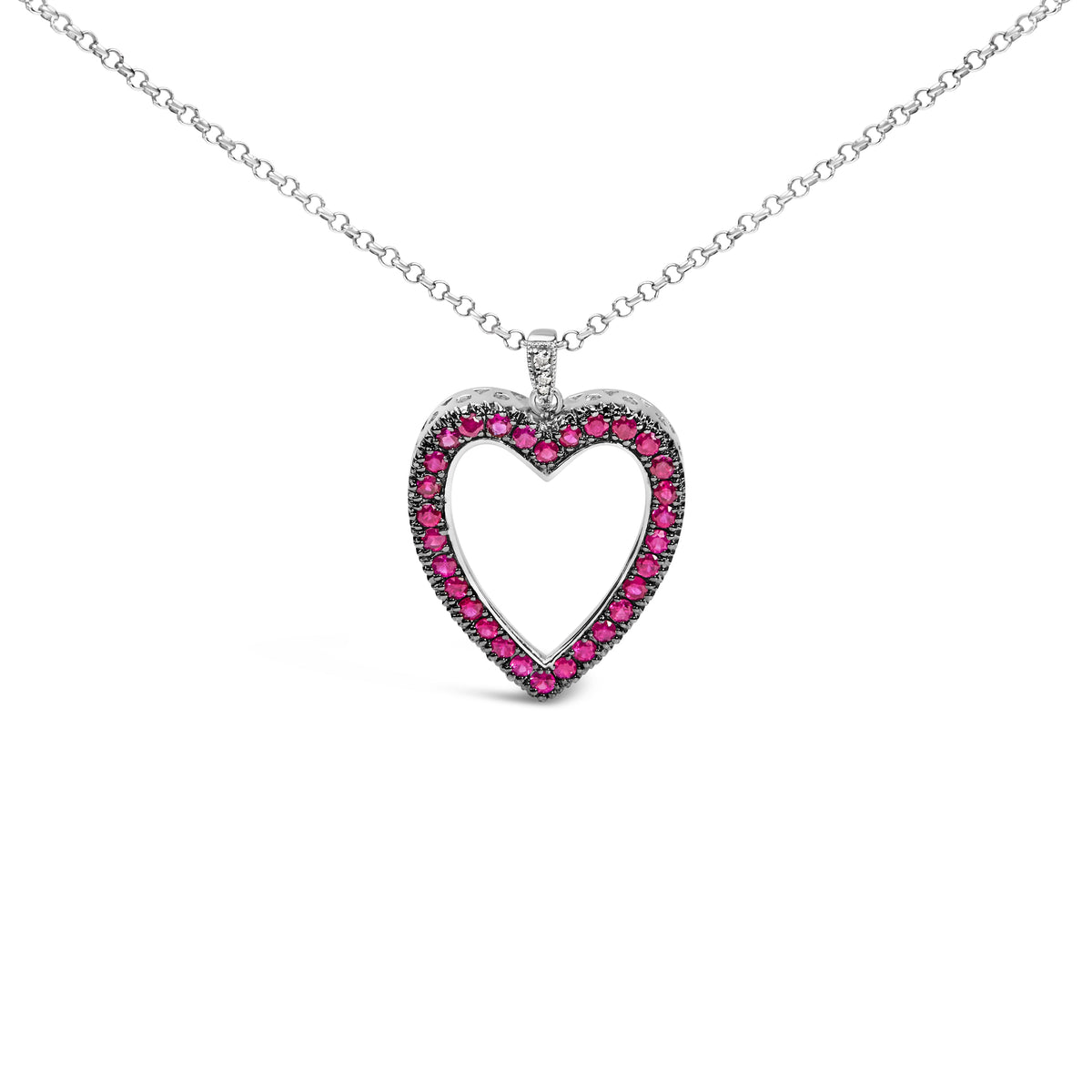 Collar con colgante de corazón abierto de oro de 18K con 1/3 Cttw de diamante y rubí rojo con rodio negro, 18" (color G-H, claridad VS2-SI1)