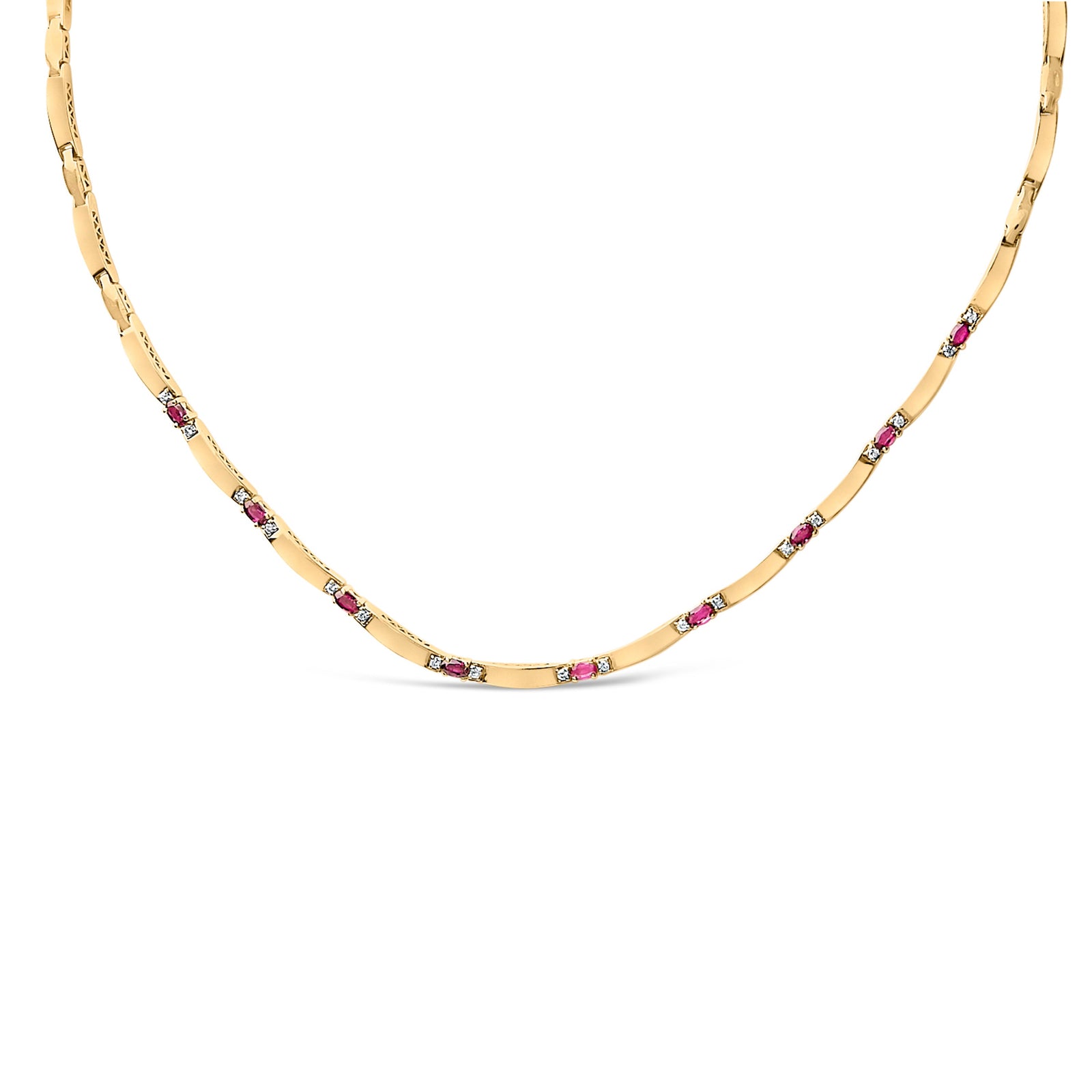 Collar de eslabones alternados de oro amarillo de 14 quilates con rubíes rojos y diamantes de 3/8 quilates