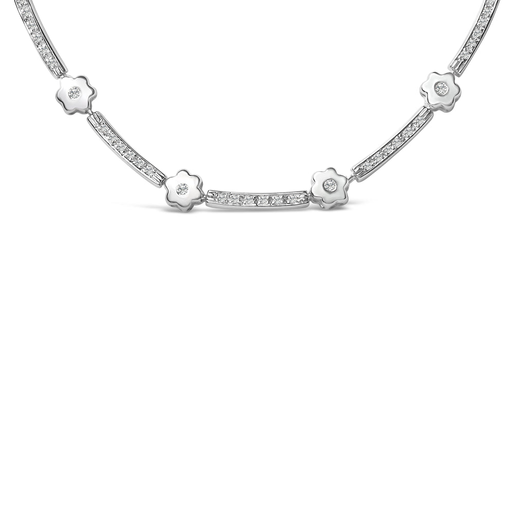14K White Gold 1.0 Cttw Diamond Flower and Bar Station Necklace