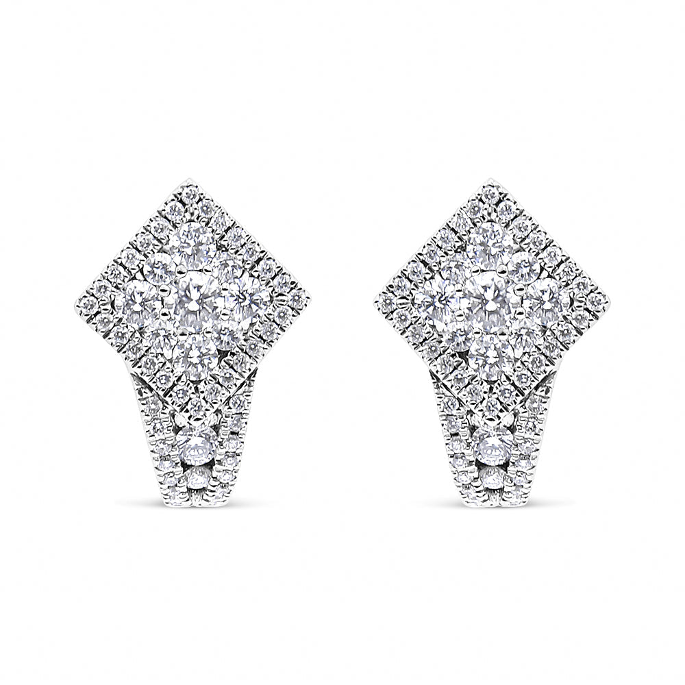 Pendientes de aro Huggie de oro blanco de 18 quilates con racimo de diamantes redondos de 1 1/10 Cttw y halo (color F-G, claridad VS1-VS2)