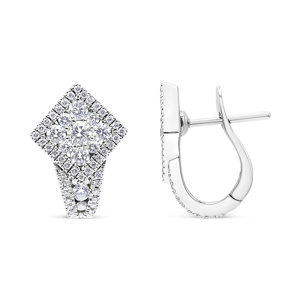 Pendientes de aro Huggie de oro blanco de 18 quilates con racimo de diamantes redondos de 1 1/10 Cttw y halo (color F-G, claridad VS1-VS2)