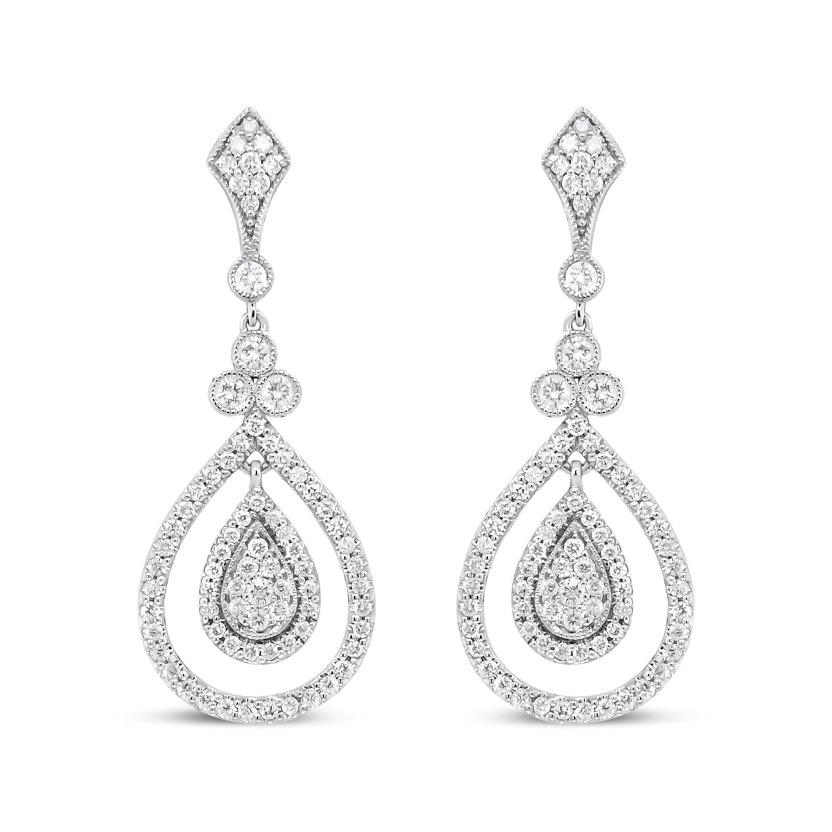 Pendientes colgantes con forma de lágrima calada de oro blanco de 18K con diamantes redondos de 1,25 qt (Color F-G, Claridad VS1-VS2)