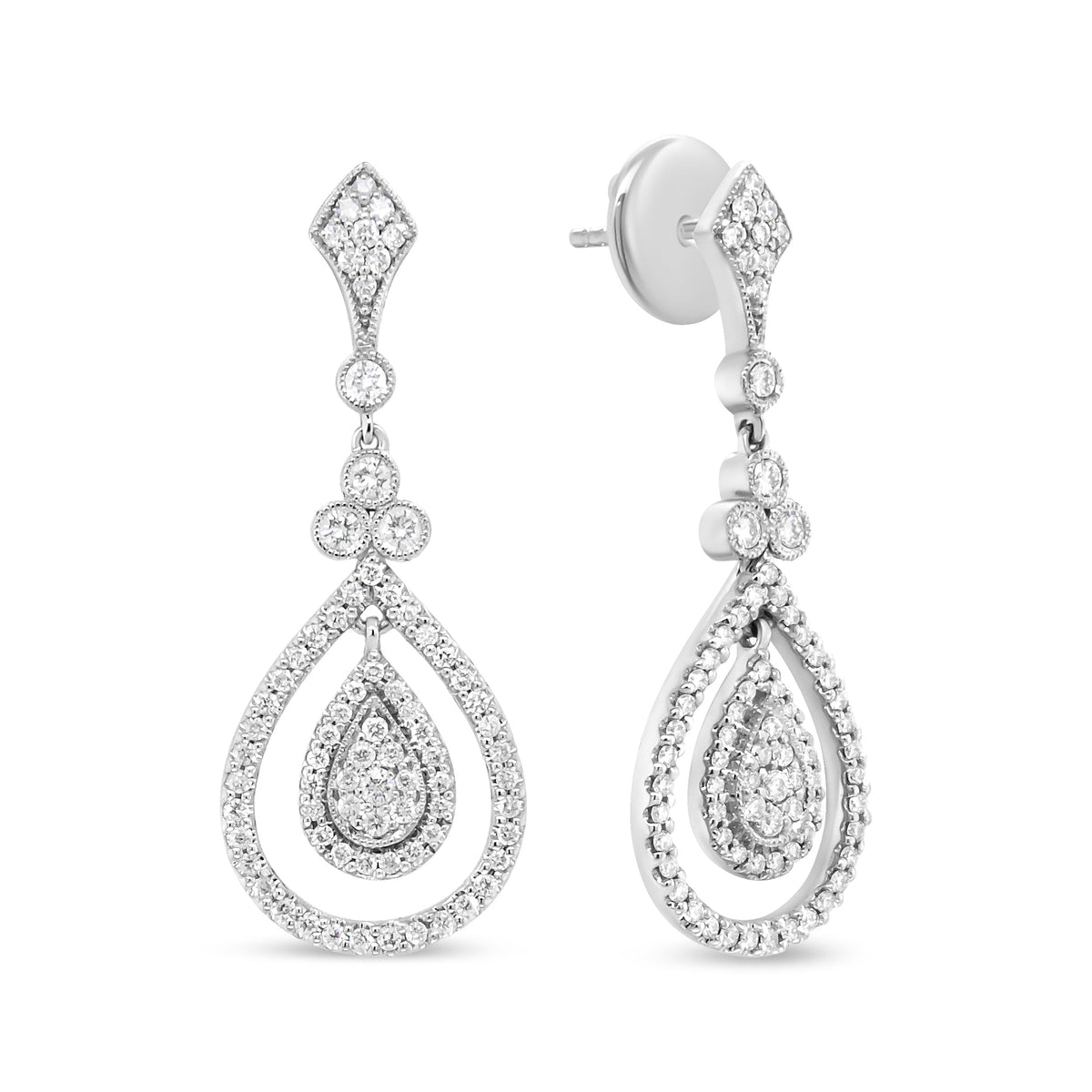Pendientes colgantes con forma de lágrima calada de oro blanco de 18K con diamantes redondos de 1,25 qt (Color F-G, Claridad VS1-VS2)