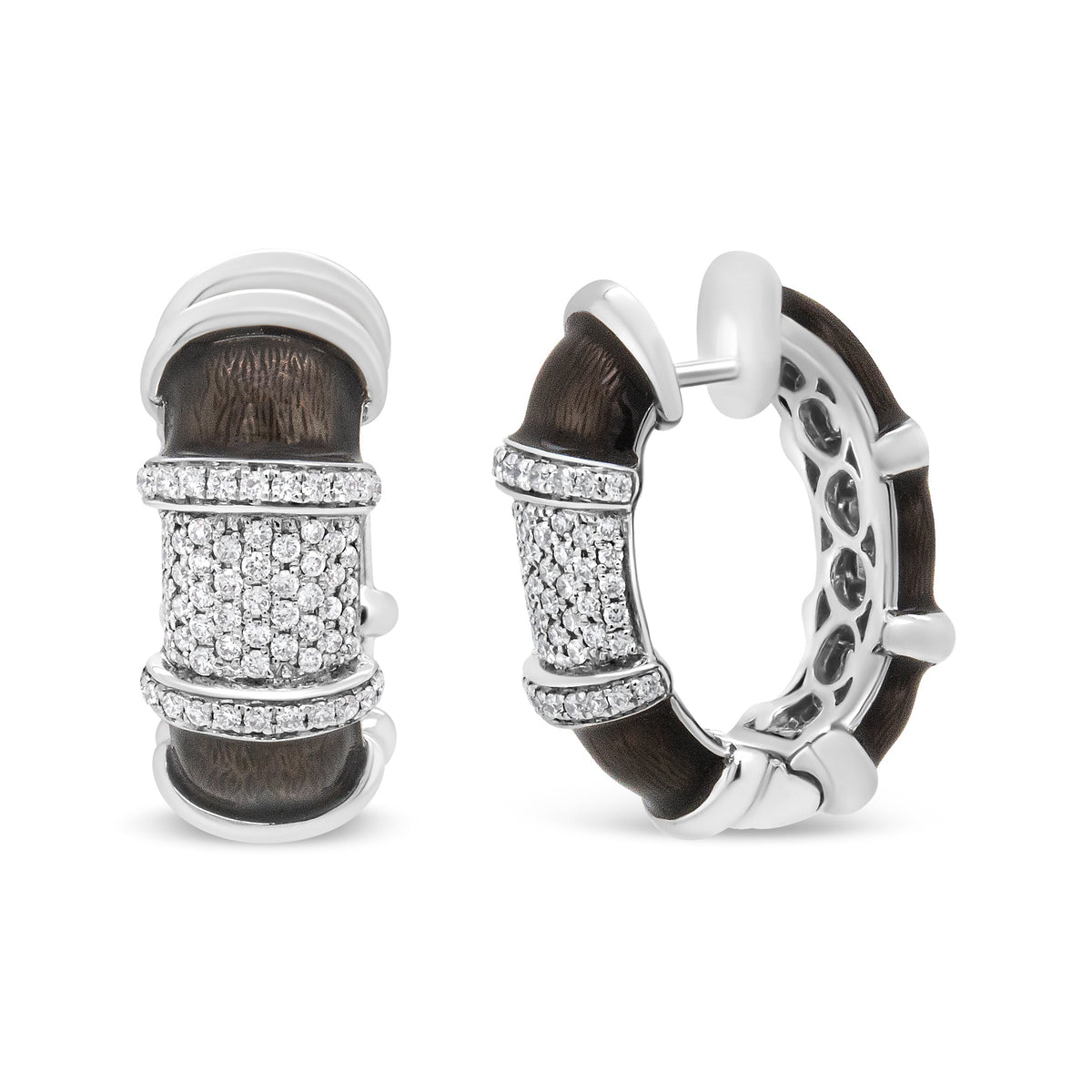 Pendientes de aro Huggie de plata de ley .925 con baño de oro blanco de 18 quilates, esmalte gris grafito transparente y diamantes redondos de 5/8 Cttw (color F-G, claridad VS1-VS2)