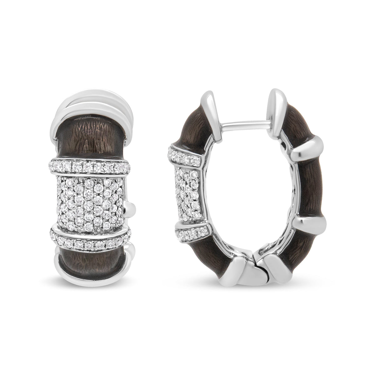 Pendientes de aro Huggie de plata de ley .925 con baño de oro blanco de 18 quilates, esmalte gris grafito transparente y diamantes redondos de 5/8 Cttw (color F-G, claridad VS1-VS2)