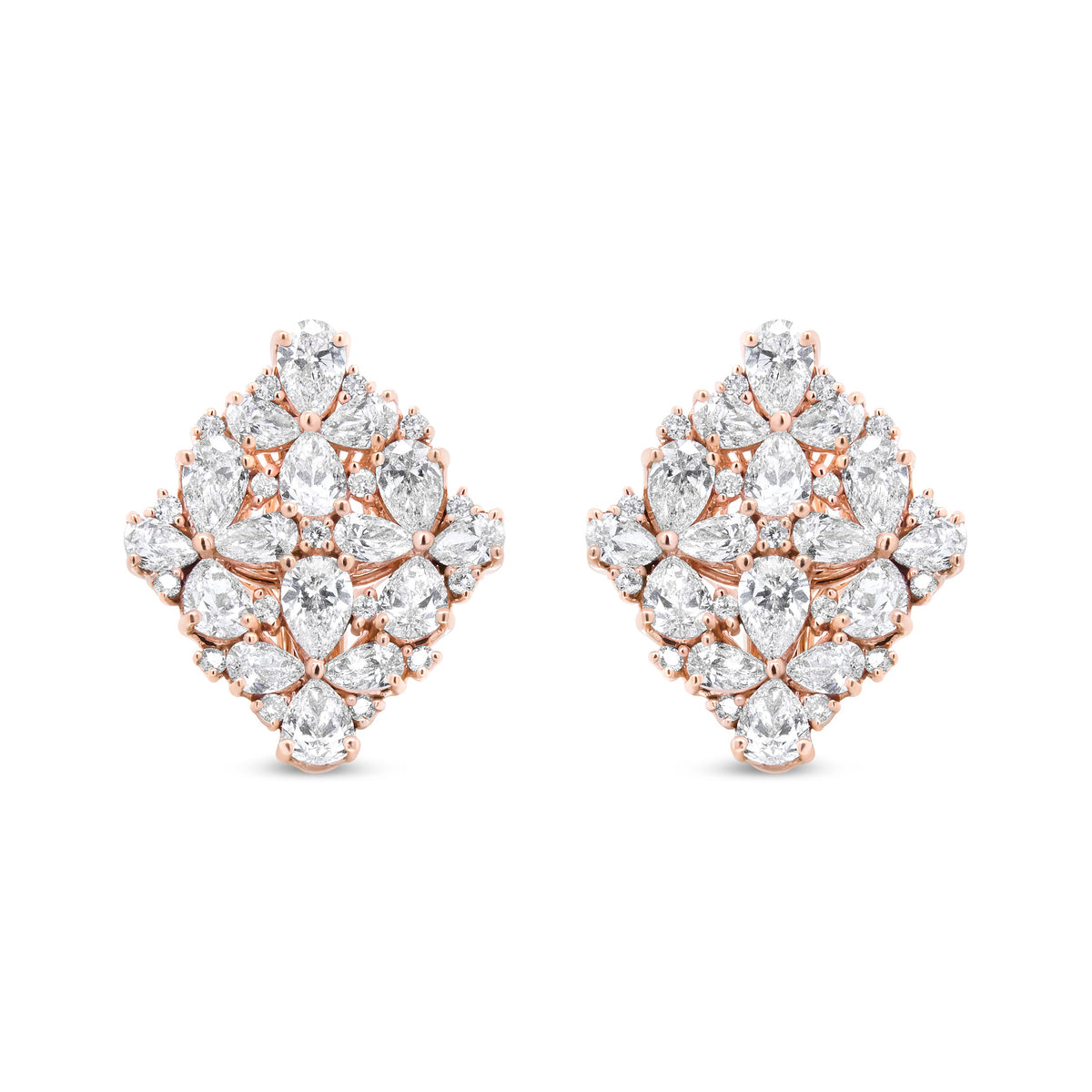 Pendientes Omega de racimo floral de perlas y diamantes redondos de oro rosa de 18 quilates y 8 1/3 Cttw (color F-G, claridad VS1-VS2)