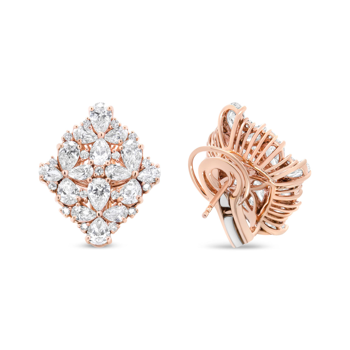 Pendientes Omega de racimo floral de perlas y diamantes redondos de oro rosa de 18 quilates y 8 1/3 Cttw (color F-G, claridad VS1-VS2)