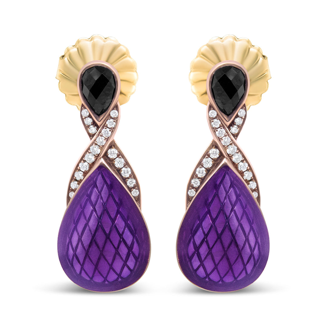 18K Rose Gold Flash Plated .925 Sterling Silver Purple Enamel 1/5 Cttw Round Pave-Set Diamond and 5.5 x 4mm Pear-Shaped Black Onyx Drop Earrings (F-G Color, VS1-VS2 Clarity)