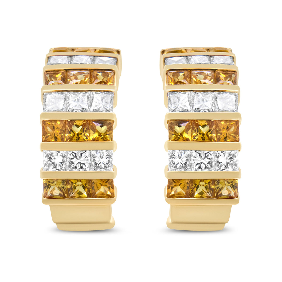 18K Yellow Gold 1 3/4 Cttw Invisible Set Princess Cut Diamond and 2.5mm Yellow Sapphire Huggie Hoop Earrings (F-G Color, VS1-VS2 Clarity)