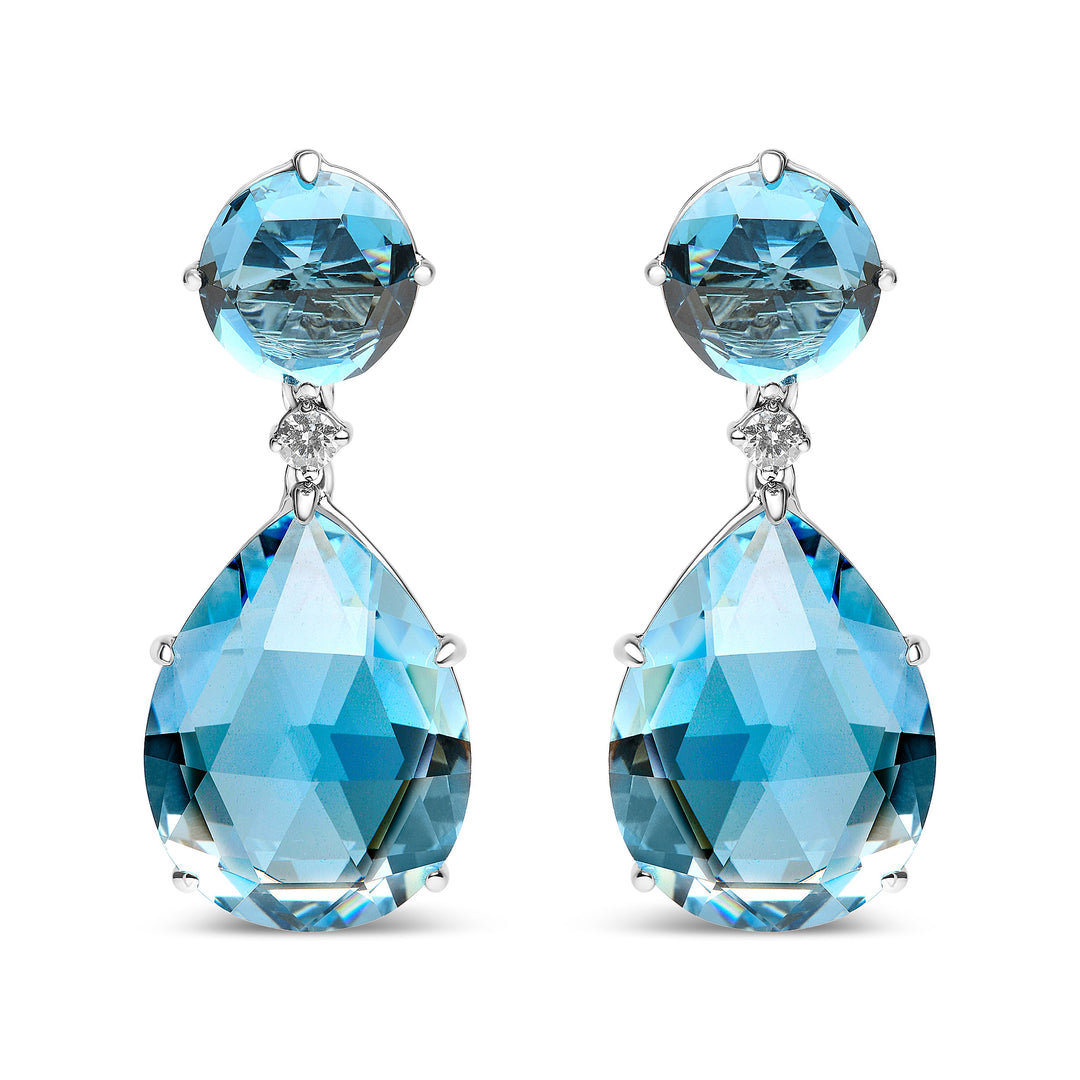 18K White Gold 1/5 Cttw Diamond with Round London Blue Topaz and 20 x 15mm Pear Cut Sky Blue Topaz Gemstone Dangle Earring (G-H Color, SI1-SI2 Clarity)