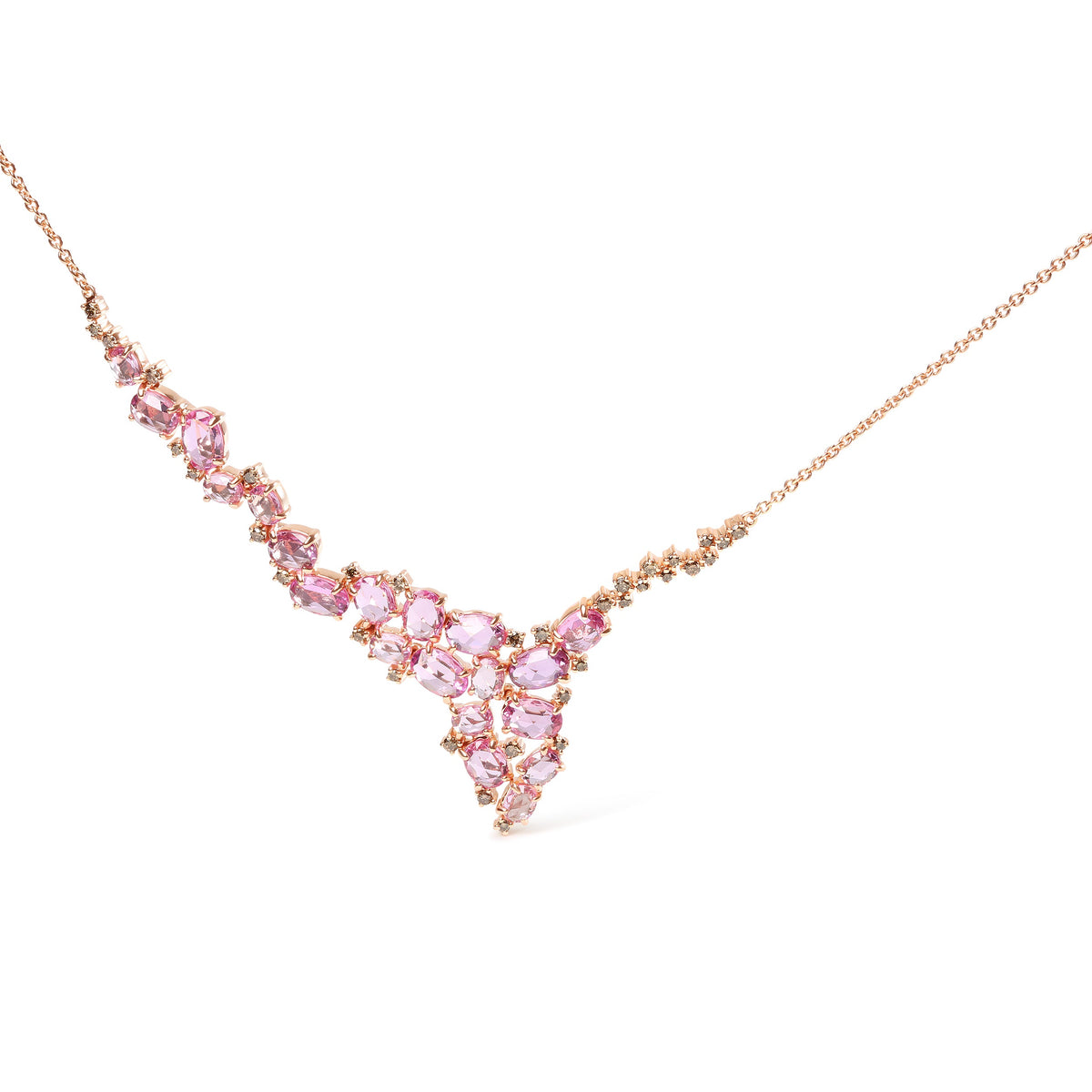 Collar con colgante en cascada de oro rosa de 18K con diamantes marrones de 1/2 quilate y zafiros rosas ovalados de varios tamaños (color marrón, claridad SI1-SI2) - Ajustable de 14" a 16"