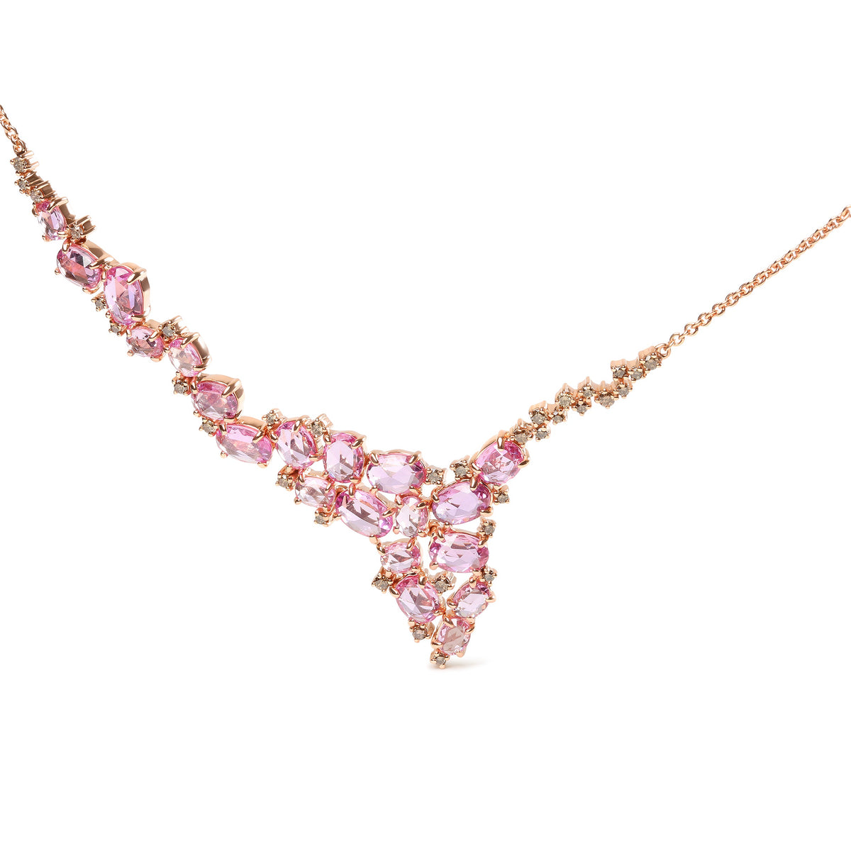 Collar con colgante en cascada de oro rosa de 18K con diamantes marrones de 1/2 quilate y zafiros rosas ovalados de varios tamaños (color marrón, claridad SI1-SI2) - Ajustable de 14" a 16"
