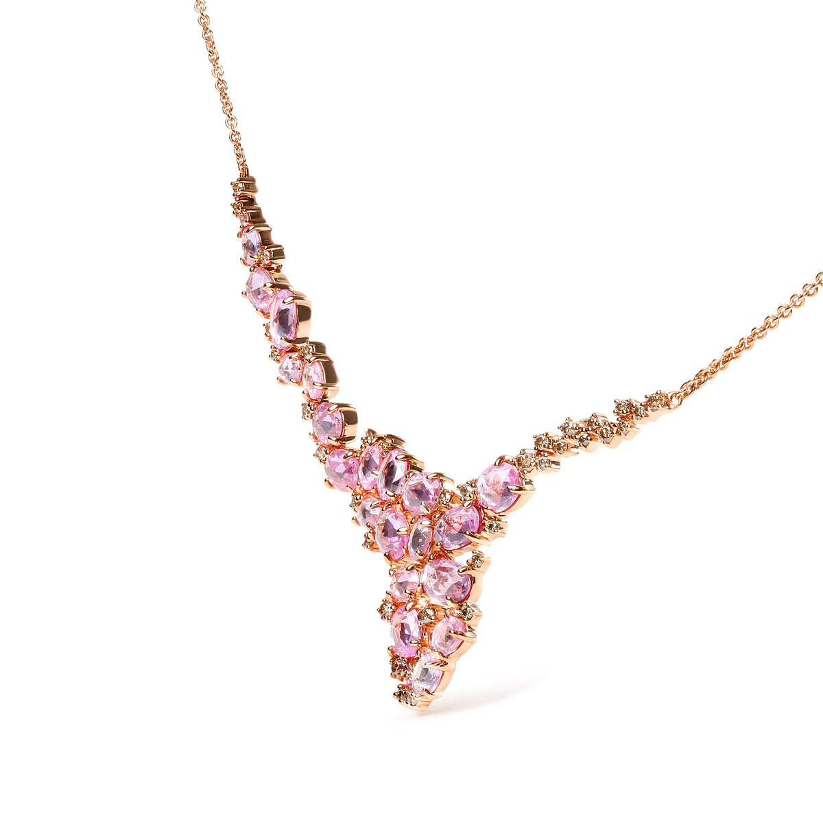 Collar con colgante en cascada de oro rosa de 18K con diamantes marrones de 1/2 quilate y zafiros rosas ovalados de varios tamaños (color marrón, claridad SI1-SI2) - Ajustable de 14" a 16"