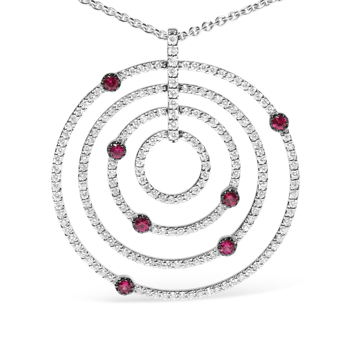 Collar con colgante de oro blanco de 18K con 2 1/6 Cttw de diamantes pavé y rubí rojo en círculos calados de 45,72 cm (color G-H, claridad SI2-I1) - Ajustable hasta 40,64 cm - 45,72 cm