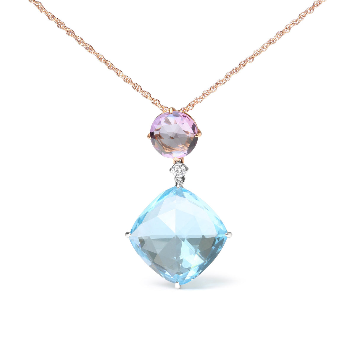 Collar con colgante de oro blanco y rosa de 18 quilates con acento de diamante redondo y amatista rosa de Francia redonda y topacio azul cielo de talla cojín, 18 pulgadas (Color G-H, Claridad SI1-SI2)