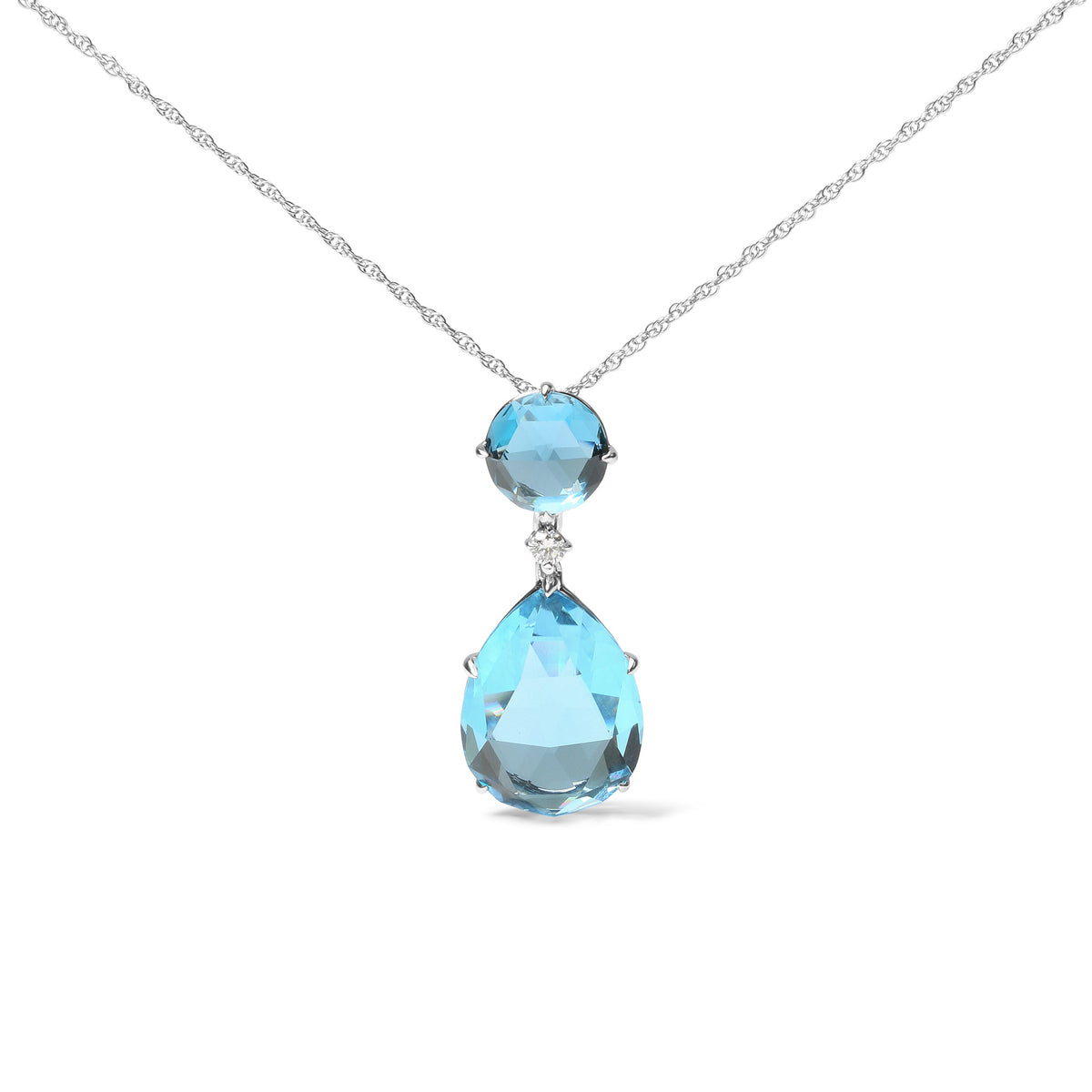 Collar con colgante de 45,7 cm de oro blanco de 18 quilates con acento de diamantes, topacio azul de Londres redondo y topacio azul cielo talla pera (color G-H, claridad SI1-SI2)