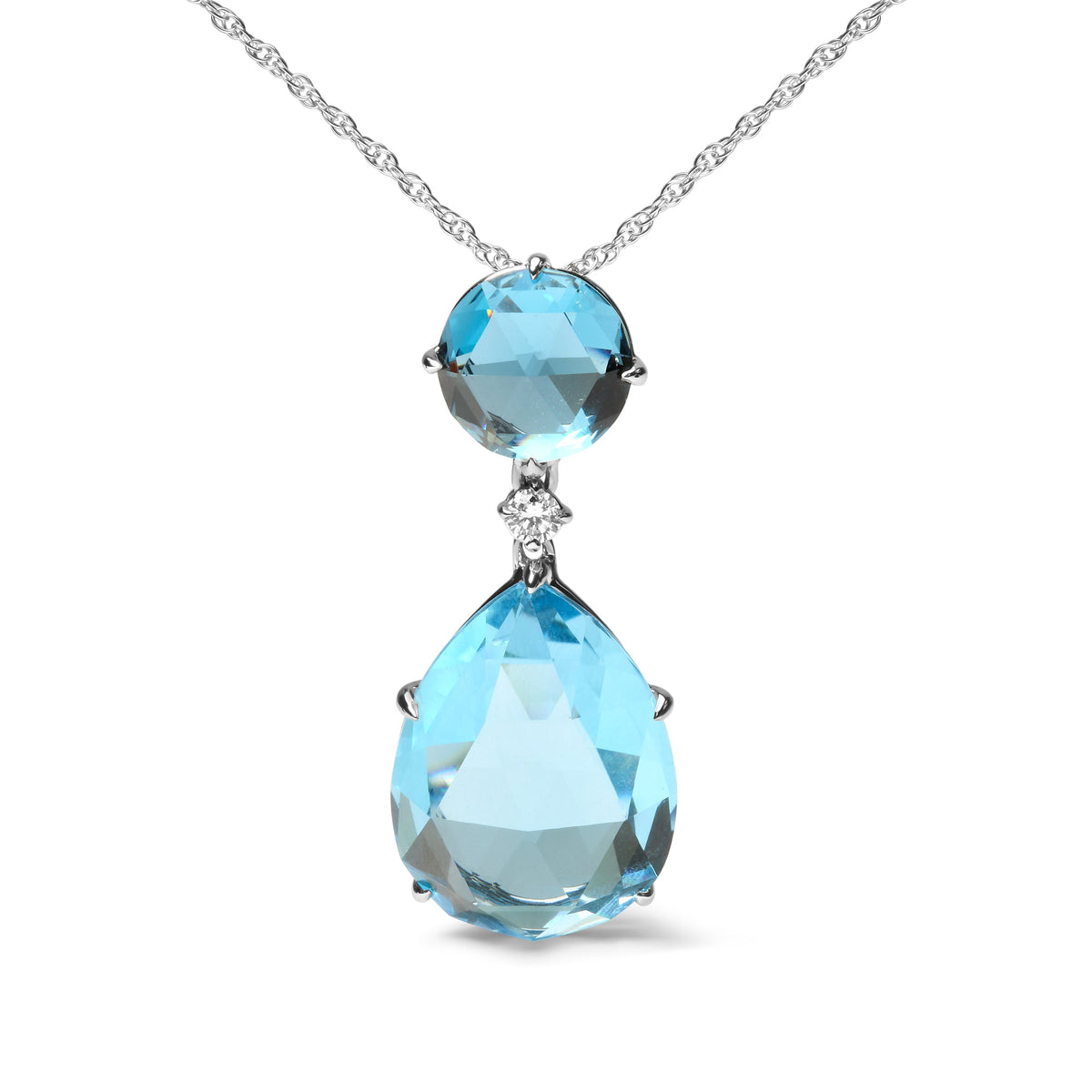 Collar con colgante de 45,7 cm de oro blanco de 18 quilates con acento de diamantes, topacio azul de Londres redondo y topacio azul cielo talla pera (color G-H, claridad SI1-SI2)