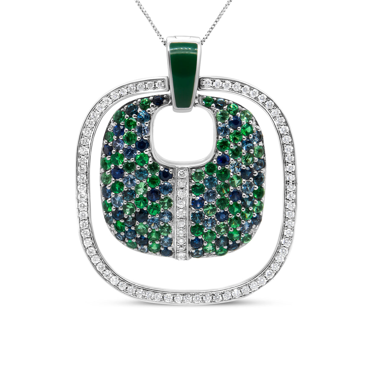 Collar con colgante calado de plata de ley .925 con esmalte verde, 1/2 quilate total de diamante, zafiro y tsavorita, de 45 cm (color F-G, claridad VS1-VS2)