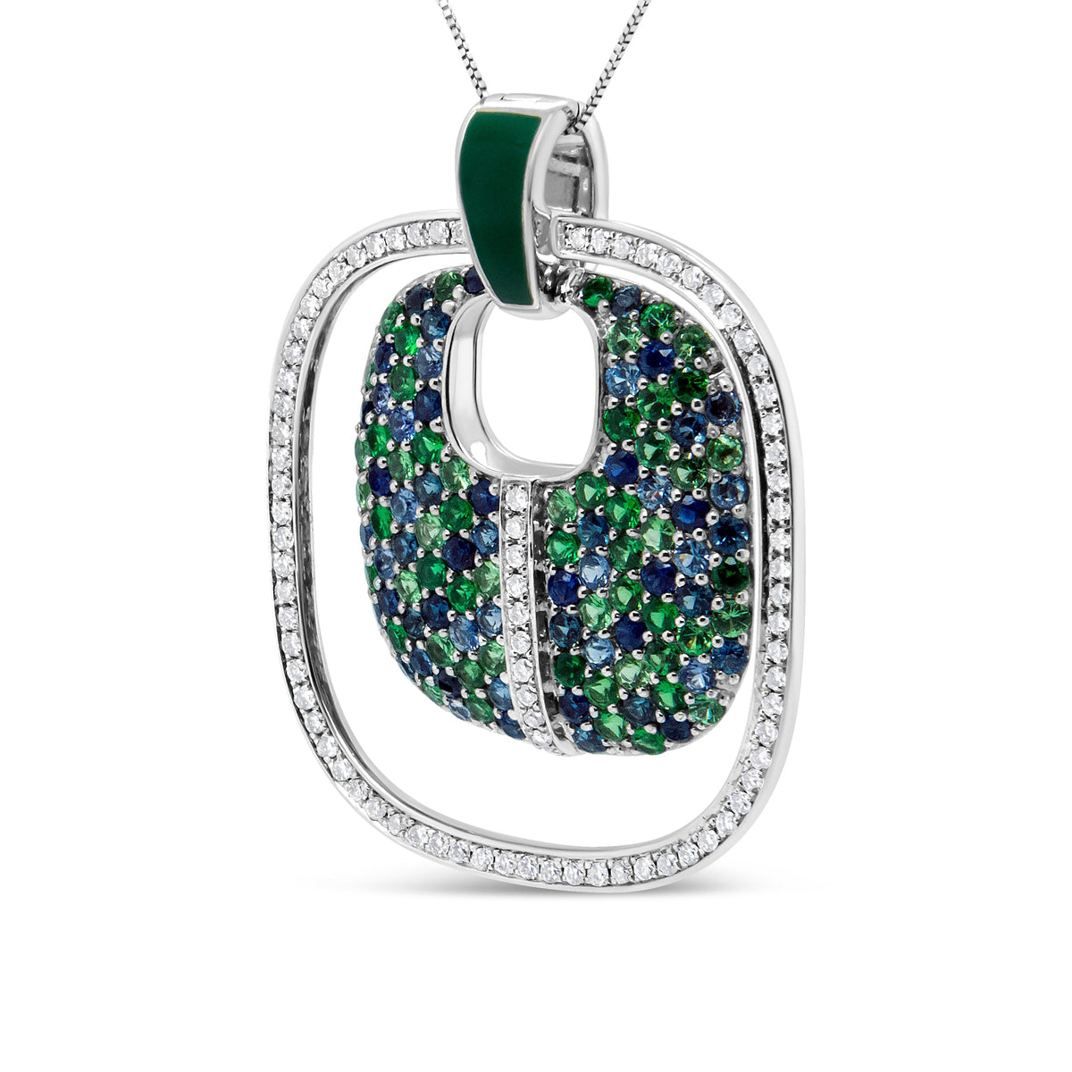 Collar con colgante calado de plata de ley .925 con esmalte verde, 1/2 quilate total de diamante, zafiro y tsavorita, de 45 cm (color F-G, claridad VS1-VS2)